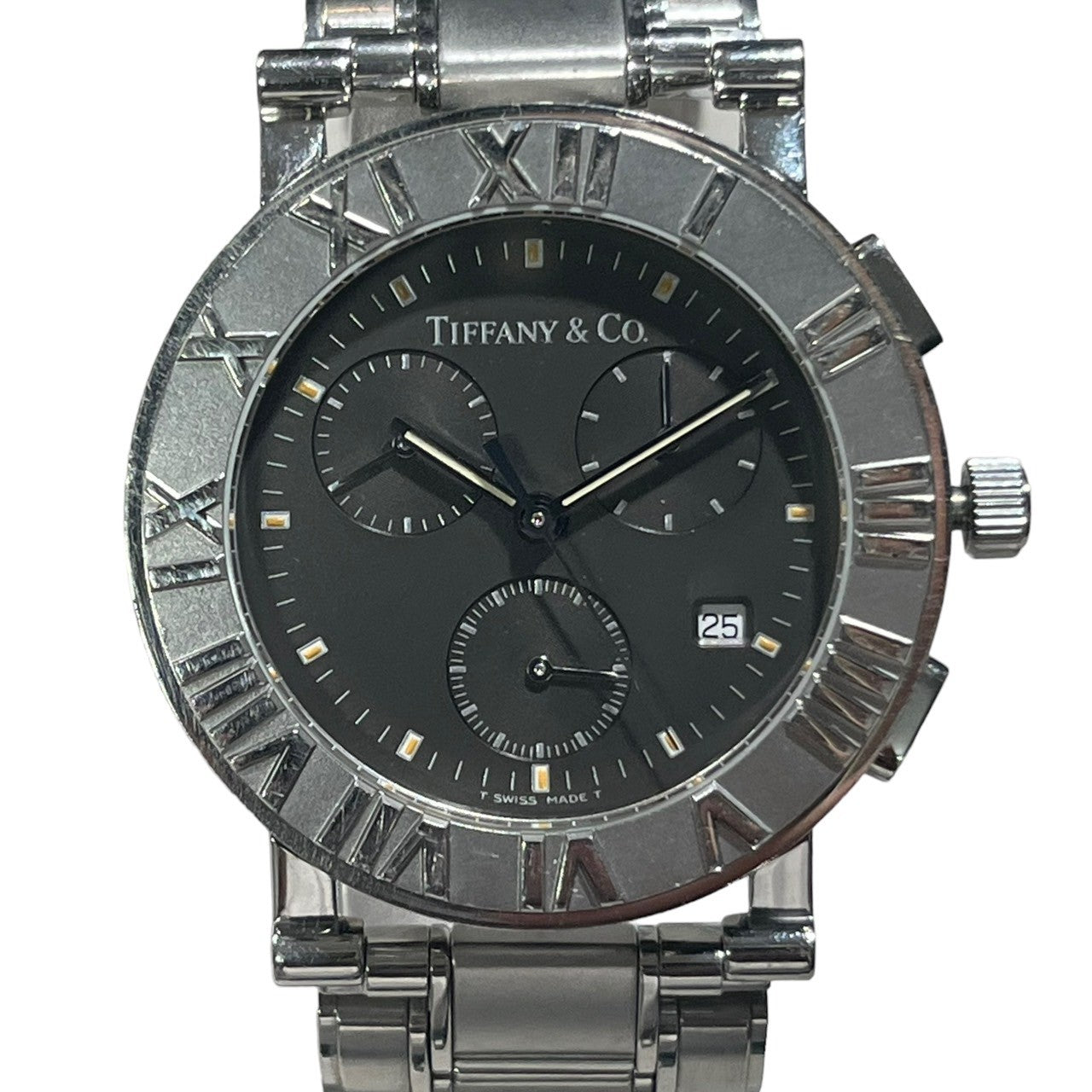 TIFFANY & CO.(ティファニー) ATLAS chronograph watch アトラス クロノグラフ 腕時計 シルバー ブラック ウォッチ 黒文字盤 ラウンド