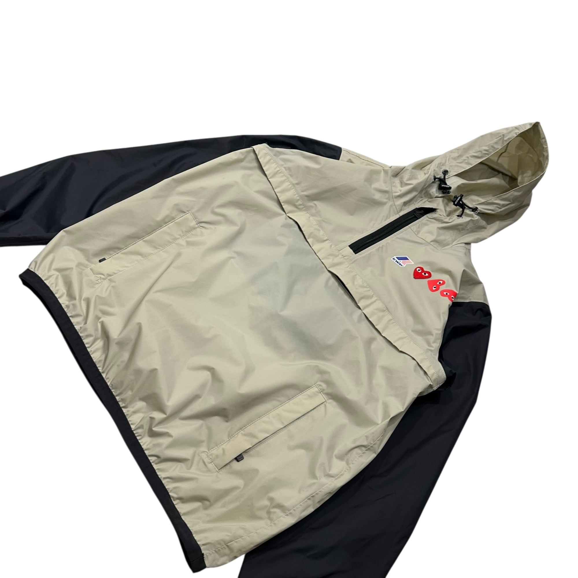 PLAY COMME des GARCONS × K-WAY(プレイコムデギャルソン × ケーウェイ) Collaboration Heart Logo Half-Zip Hoodie コラボ ハート ロゴ ハーフジップ パーカー XS ベージュ×ブラック アノラック プルオーバー