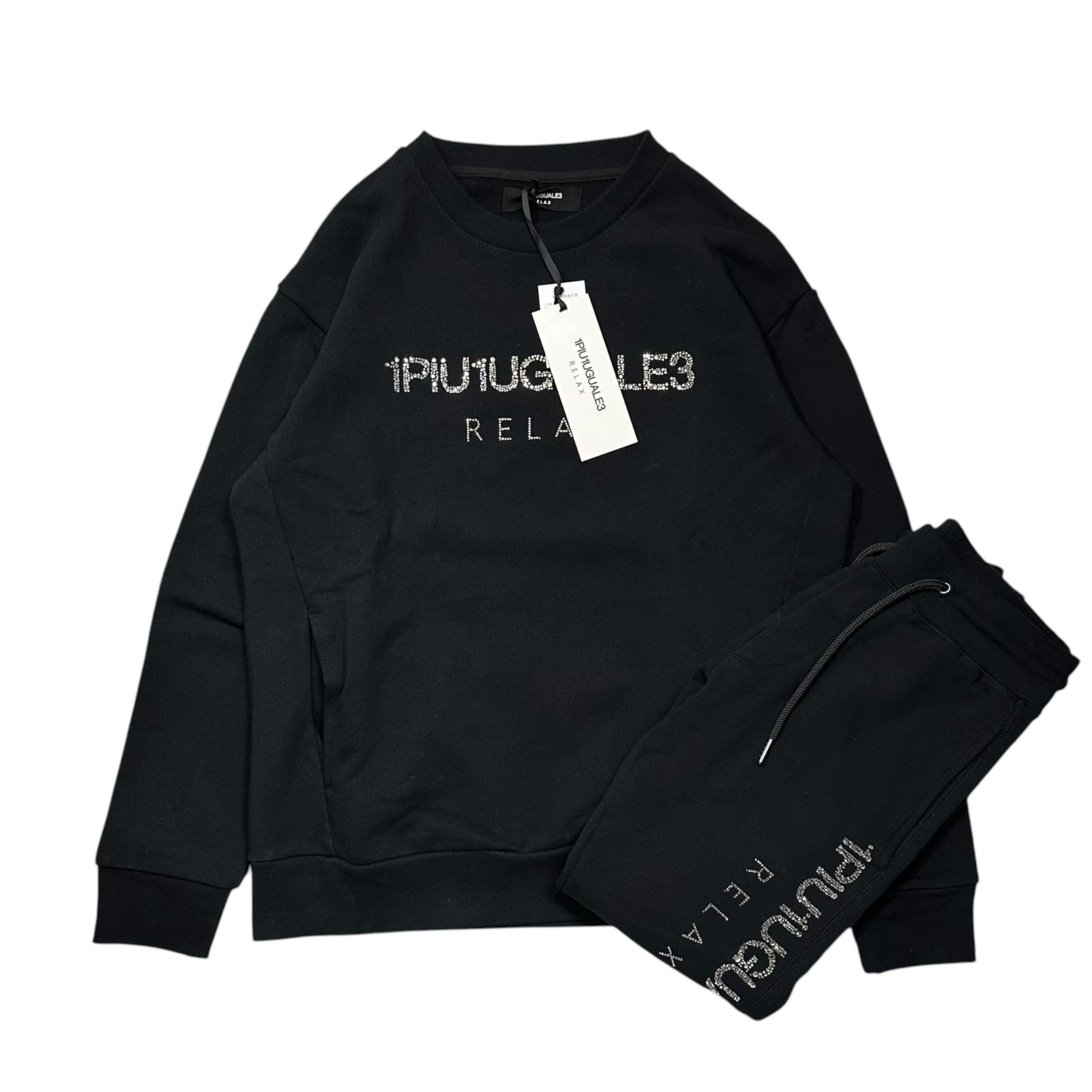 1PIU1UGUALE3 RELAX(ウノピゥウノウグァーレトレリラックス) Rhinestone Sweatshirt Set ライン ストーン スウェット セットアップ USO-22019 S ブラック 元々は別販売品です ※弊社はセット販売です