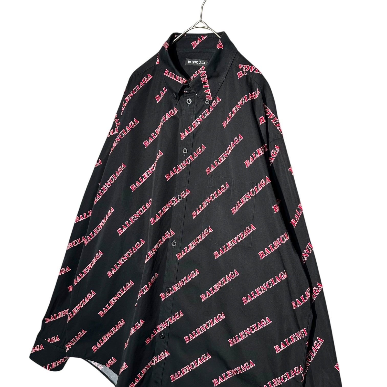 BALENCIAGA(バレンシアガ) 20AW Oversize Allover Logo L/S Shirt オーバーサイズ オールオーバー ボタンダウン ロゴ プリント 長袖 シャツ 627023 38 ブラック×レッド