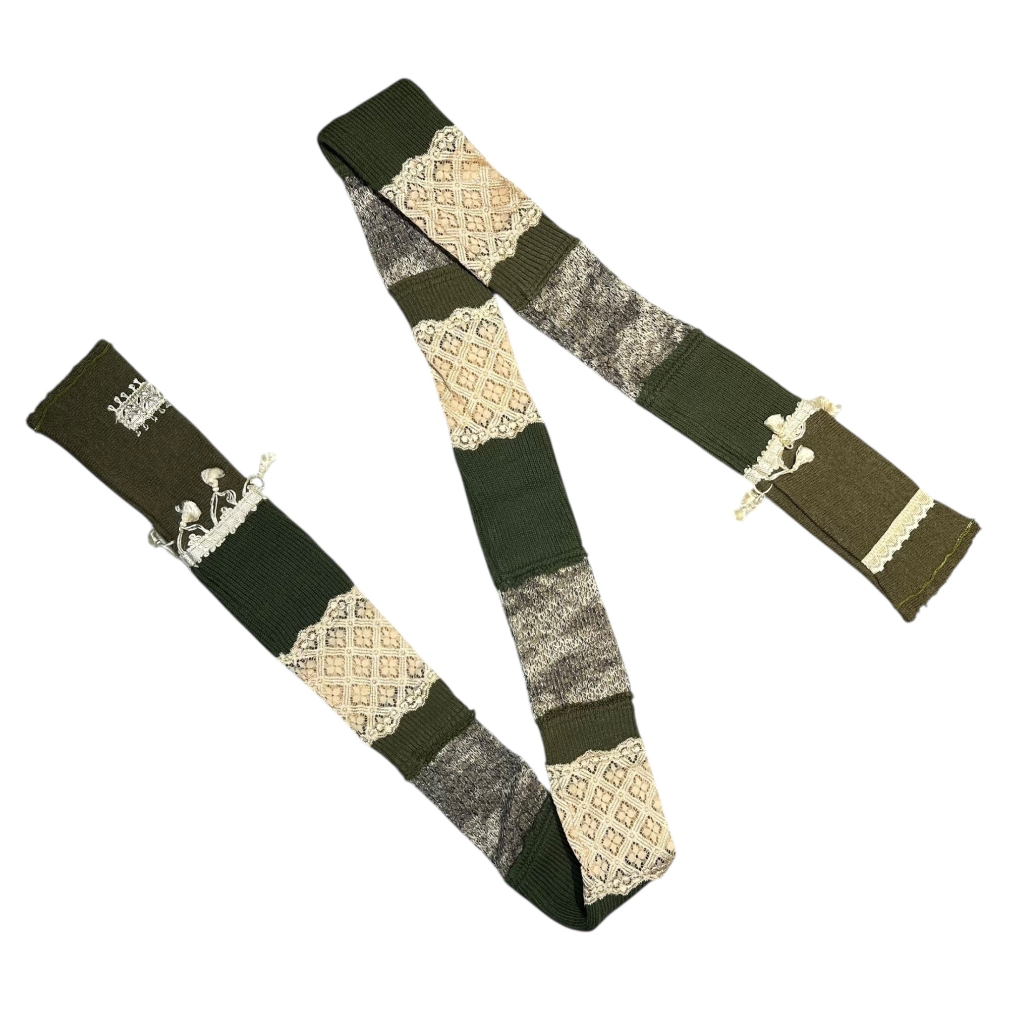 RehersalL(リハーズオール) Vintage lace-decorated scarf 古着リメイク レース 装飾 マフラー カーキ×アイボリー