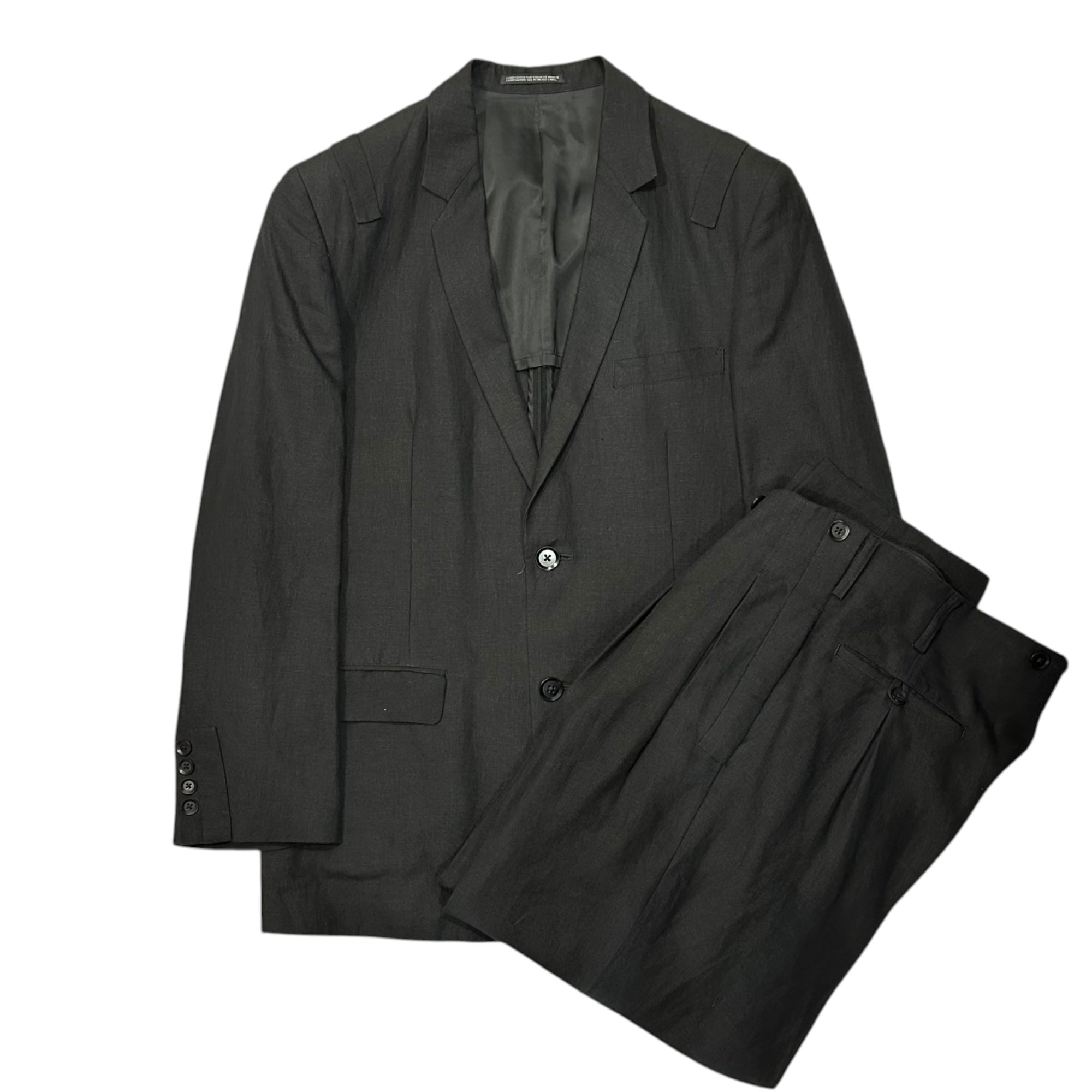YOHJI YAMAMOTO POUR HOMME(ヨウジヤマモトプールオム) 2014SS Shoulder-Strap Design Linen Wide-Leg Pants Set ショルダー デザイン リネン ワイドパンツ セットアップ JKT:HG-J97-303 BOTTOMS:HG-P96-303 3(L程度) ブラック