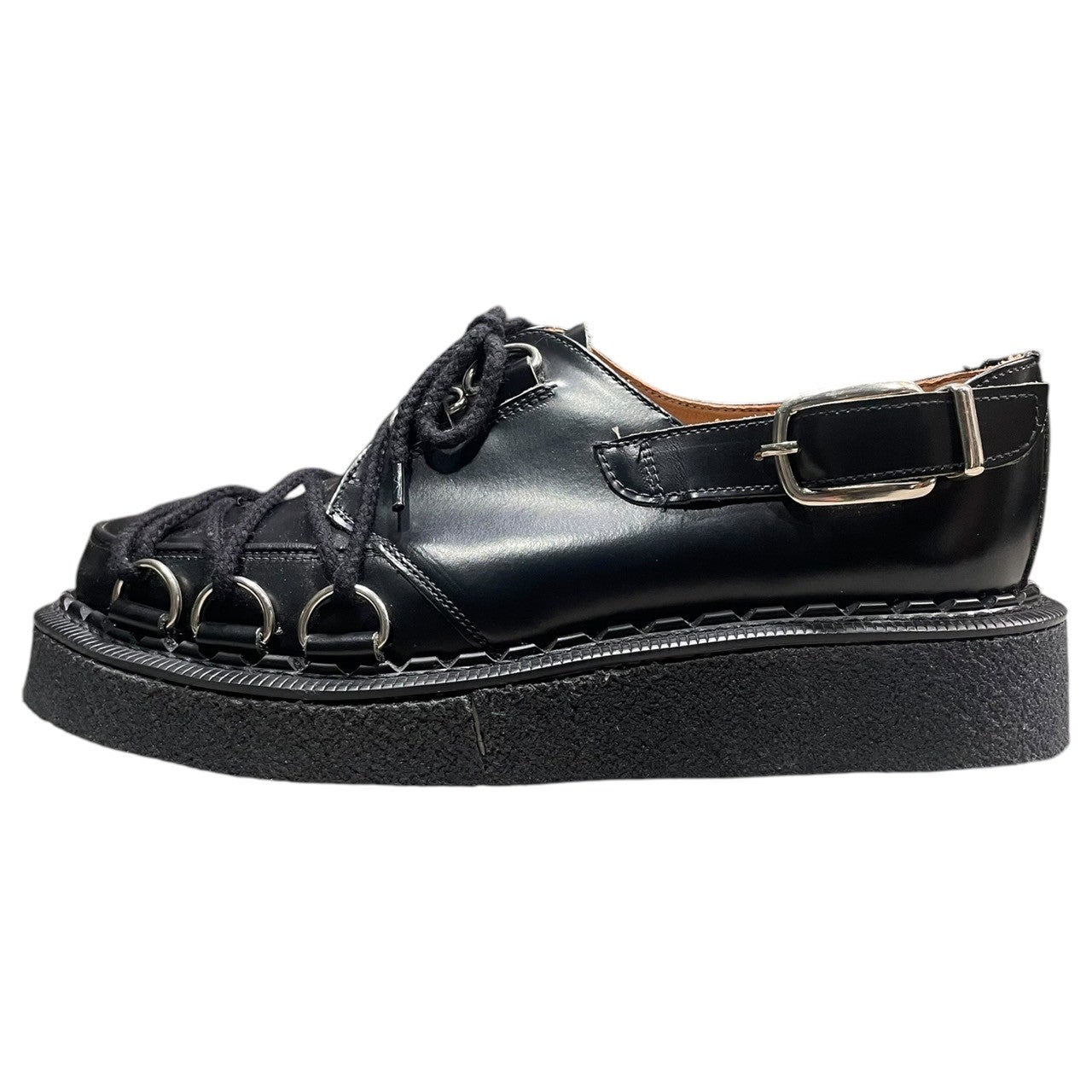 COMME des GARCONS HOMME PLUS × GEORGE COX(コムデギャルソンオムプリュス × ジョージコックス) 19AW D RING BUCKLE Bondage lace-up rubber sole leather shoes Dリング バックル ボンテージ レースアップ ラバーソール レザー シューズ PD-K122-001 UK7(26~26.5cm程度) ブラック 参考定価82,500円(税込) 箱付