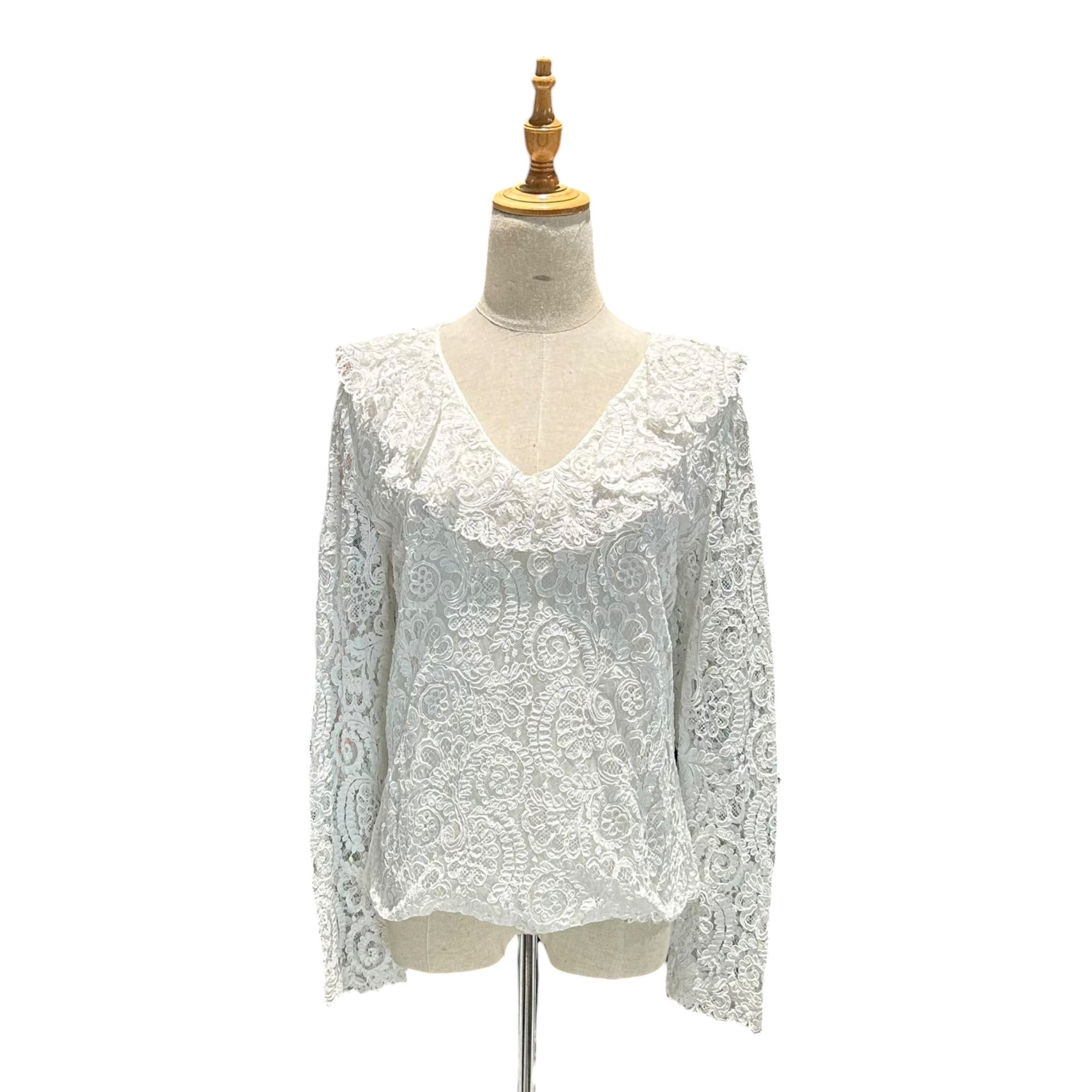Euro vintage(ヨーロッパヴィンテージ) 70's~ full floral lace v-neck big collar white blouse フローラル総柄レースと大きな襟のVネックブラウス 46(Lサイズ程度)/若干のほつれ有 ホワイト