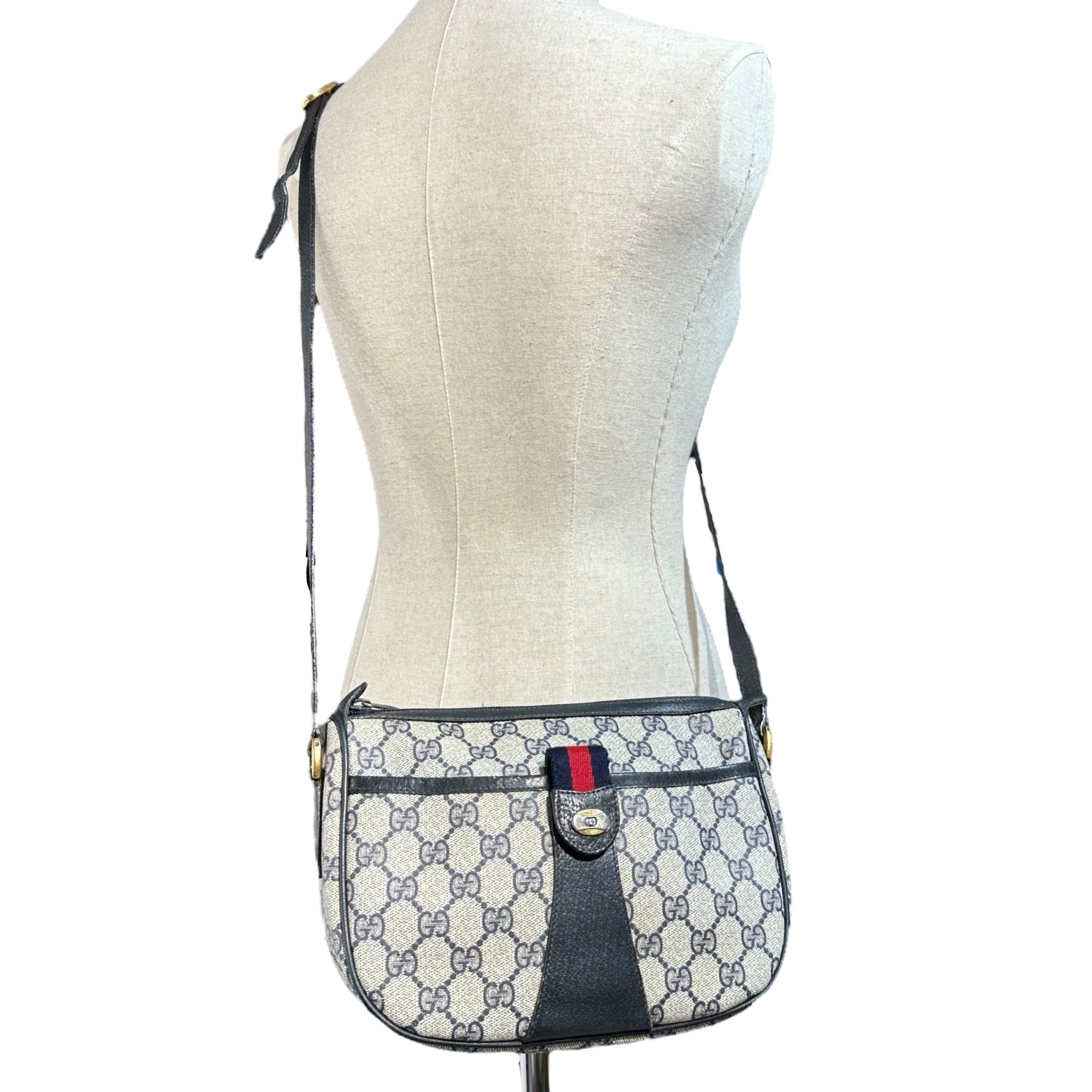 GUCCI(グッチ) GG Sherry Line Mini Shoulder Bag GG キャンバス シェリーライン ミニ ショルダー バッグ 89・02・032 グレー×ネイビー OLD ヴィンテージ オールド