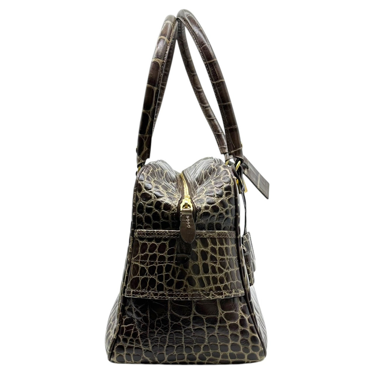J.M.WESTON(ジェイエムウエストン) Croc-embossed leather handbag クロコ 型押し レザー ハンド バッグ ブラウン