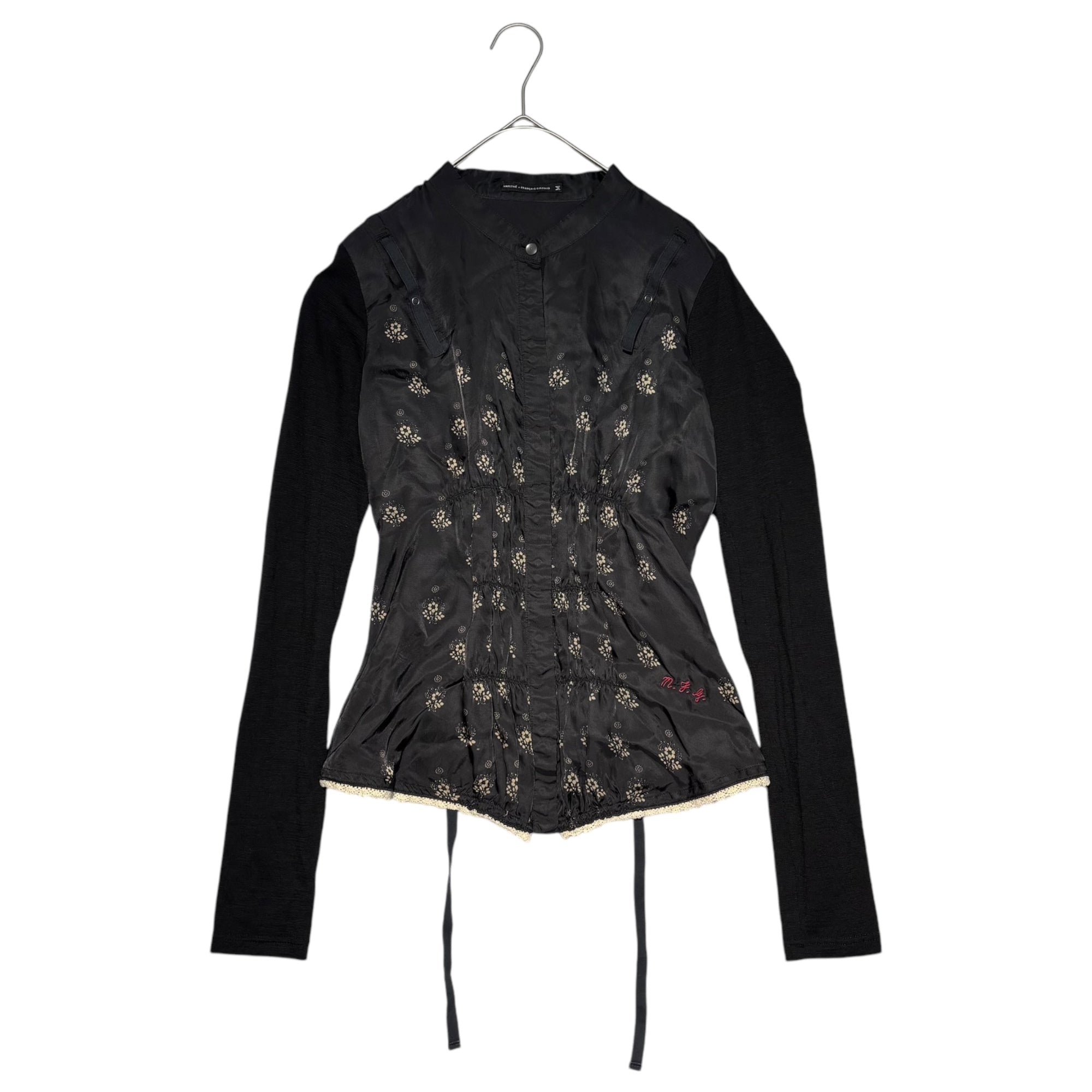 MARITHE FRANCOIS GIRBAUD(マリテフランソワジルボー) 00's Gathered Knit Sleeve Cupra Blouse ギャザー ニットスリーブ キュプラ シャツ ブラウス F7-5909 M ブラック Y2K
