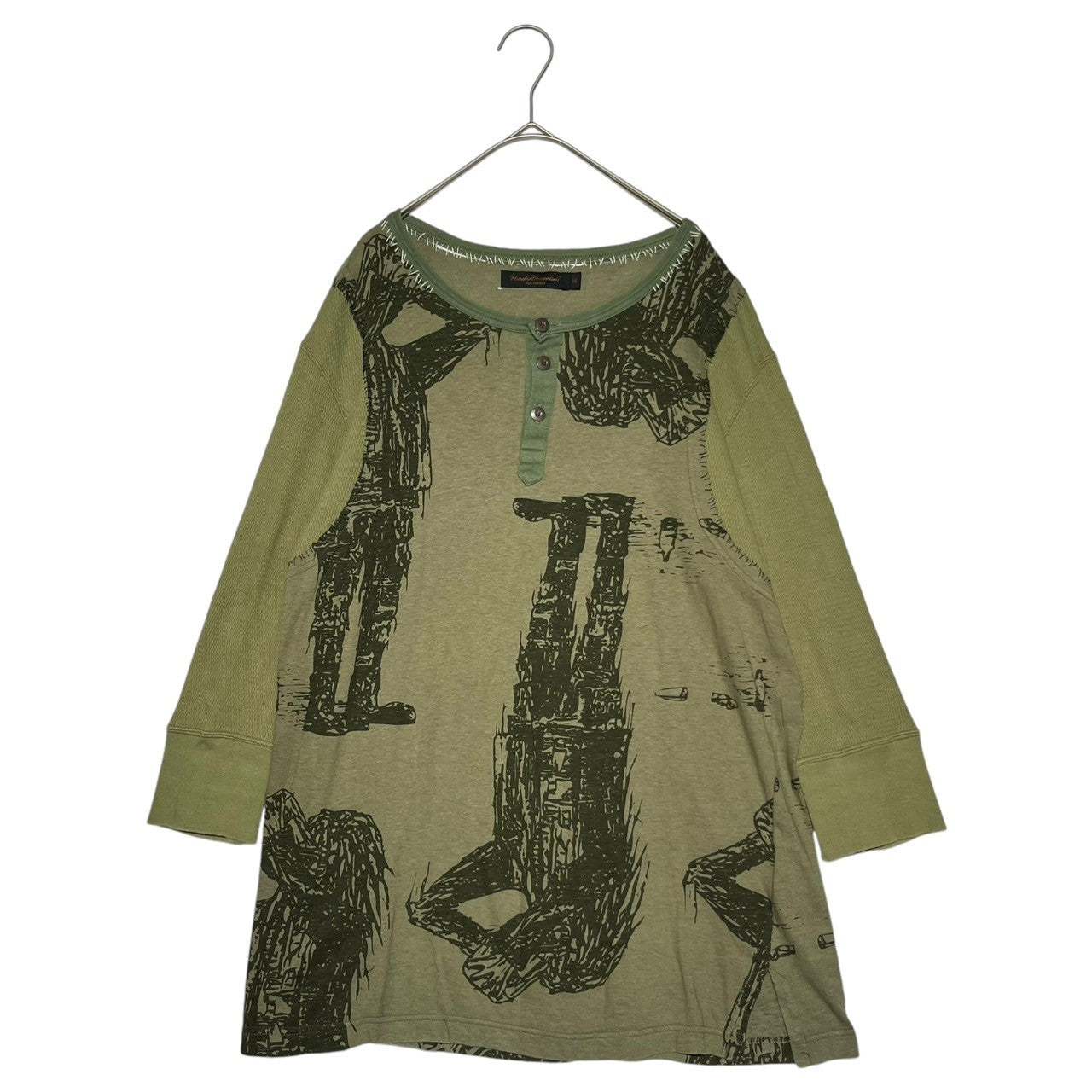 UNDERCOVERISM(アンダーカバイズム) 03SS SCAB期 Hand stitched long sleeve henley neck cut and sew ハンドステッチ 長袖 ヘンリーネック カットソー スキャブ 稀少 M カーキ×ブラック