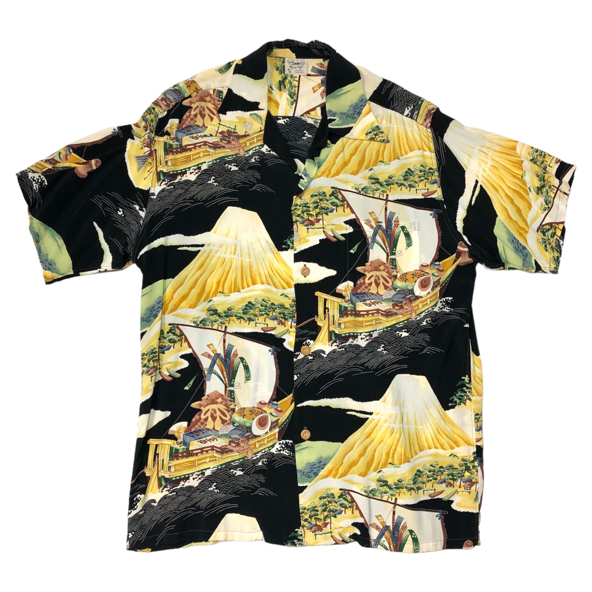 SUN SURF(サンサーフ東洋) ALOHA SACRED TREASURE SHIP 宝船 レーヨン アロハシャツ SS34175 M ブラック×イエロー 半袖