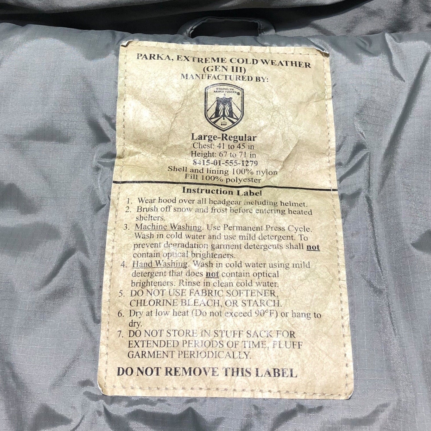 BROOKLYN ARMED FORCES(ブルックリンアームドフォース) GEN3 Level 7 EXTREME COLD WEATHER レベルセブン エクストリーム コールド ウェザー モンスター 8415-01-555-1279 L グレー US.ARMY B.A.F. BAF