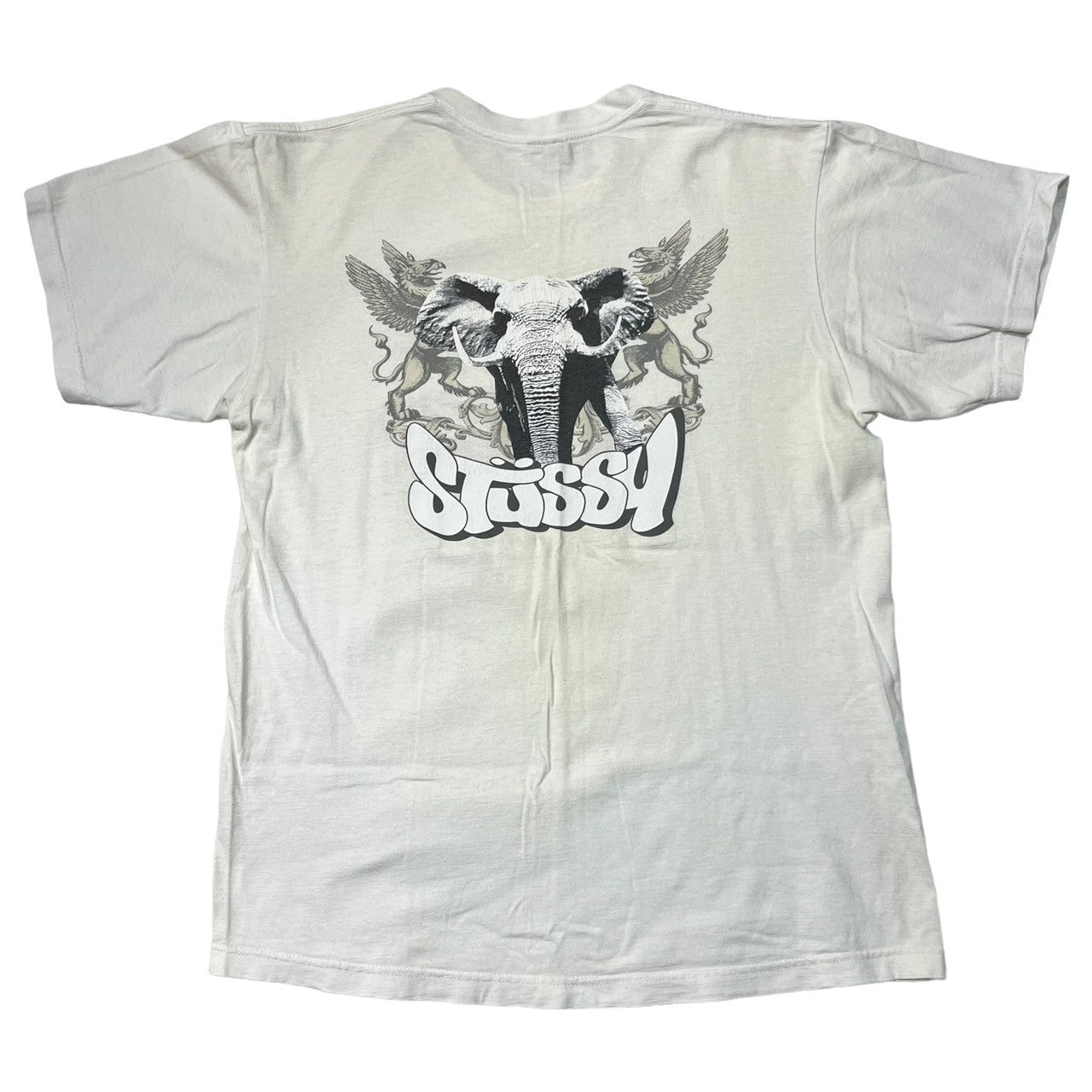 STUSSY(ステューシー) 90's~00's elephant back print Tシャツ 象 バックプリント 紺タグ SIZE M  ホワイト×グレー 90～00年代 OLD STUSSY