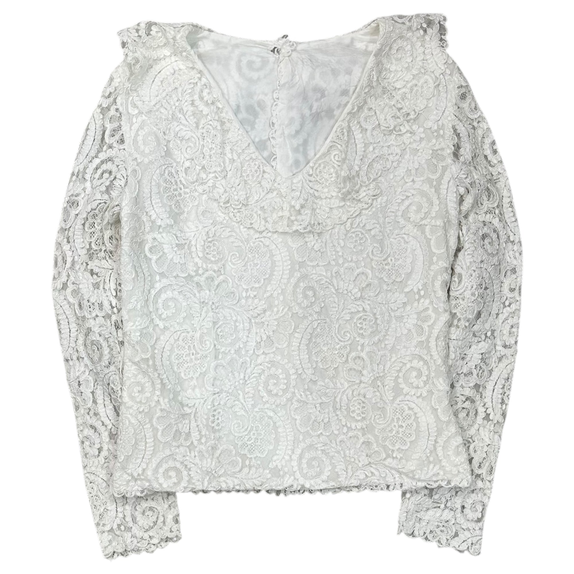 Euro vintage(ヨーロッパヴィンテージ) 70's~ full floral lace v-neck big collar white blouse フローラル総柄レースと大きな襟のVネックブラウス 46(Lサイズ程度)/若干のほつれ有 ホワイト