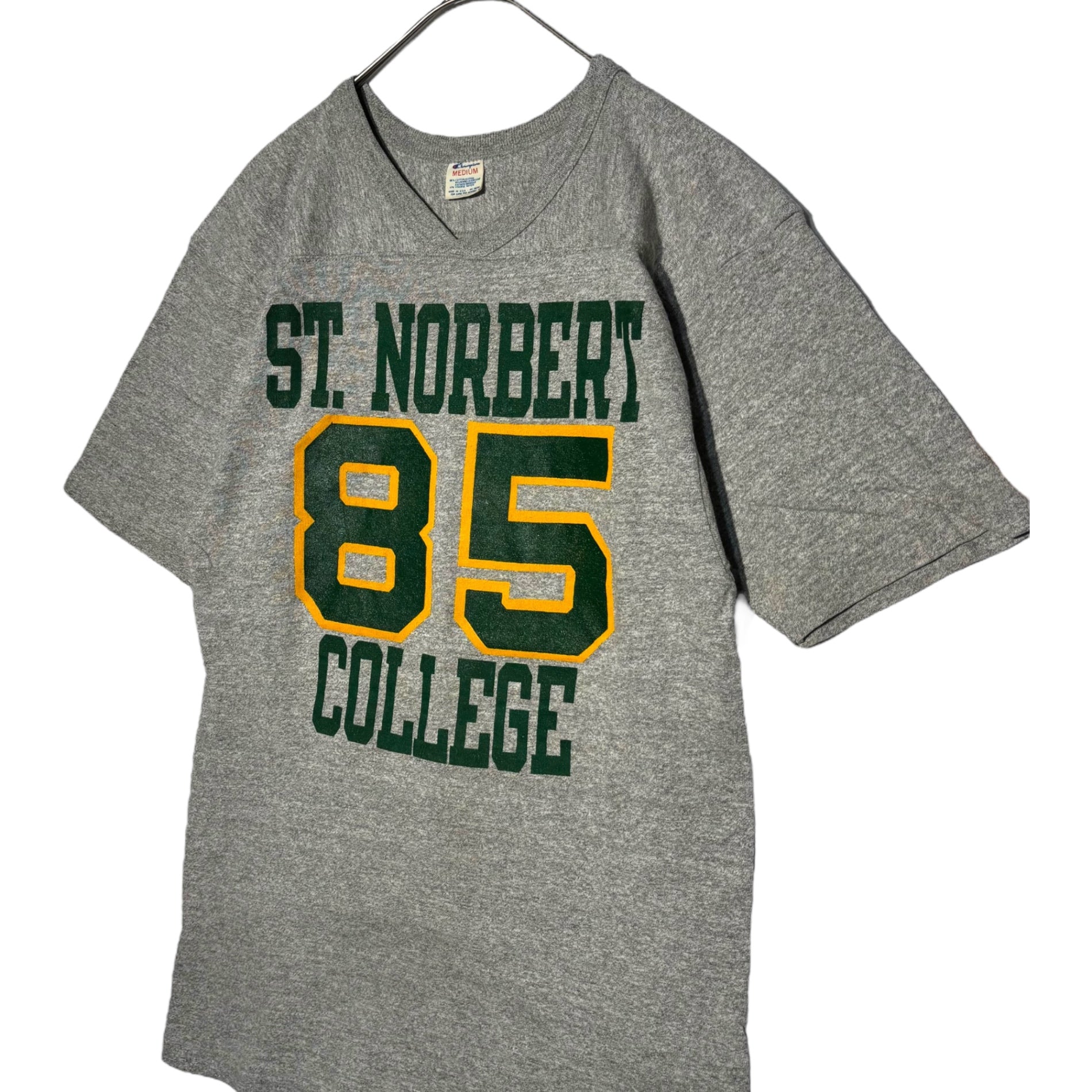 Champion(チャンピオン) 80's USA made ”ST. NORBERT 85 COLLEGE” Football Tee フットボール Tシャツ M グレー×グリーン トリコタグ 80年代 ヴィンテージ