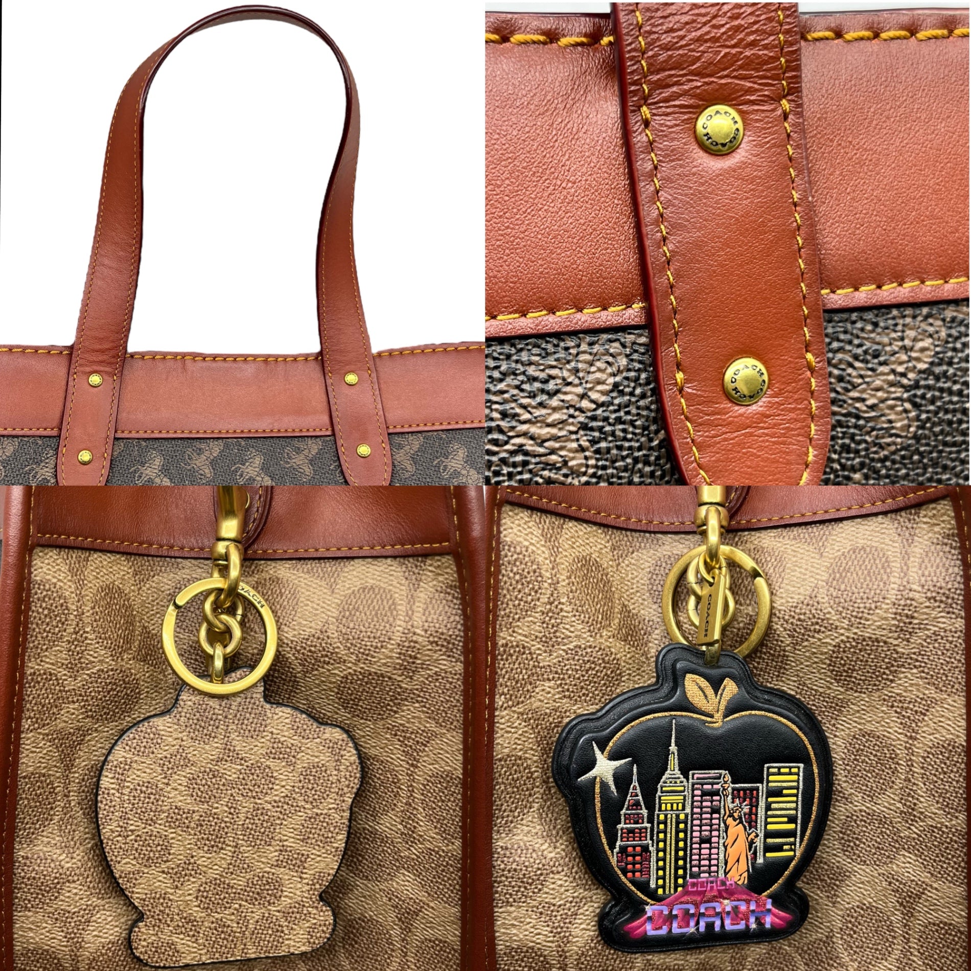 COACH(コーチ) Field tote NY フィールド トート 2WAY ショルダー バッグ C0768 ブラウン×ベージュ ハンド リンゴ ニューヨーク 限定 チャーム付