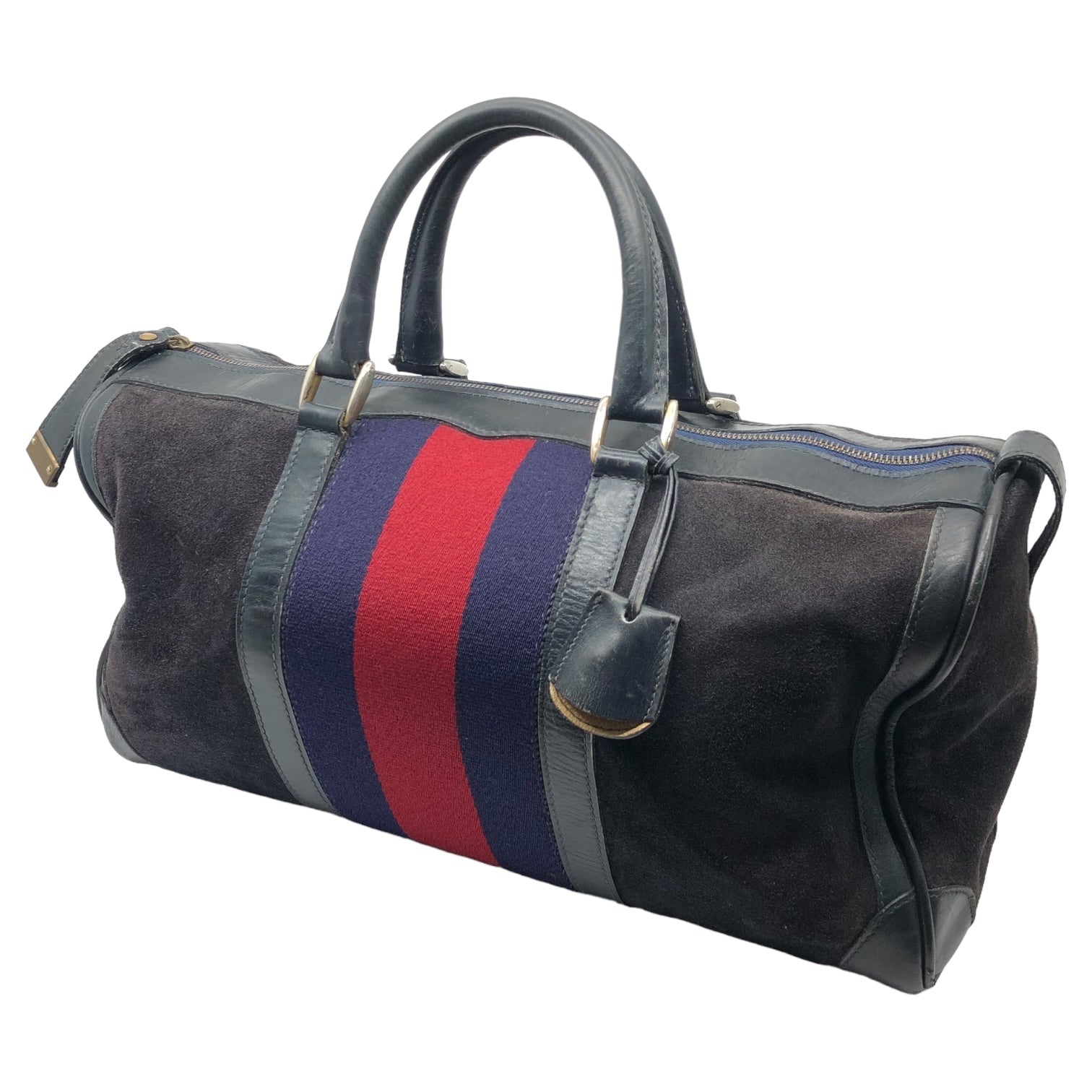 GUCCI(グッチ) 80's vintage suede boston bag ヴィンテージ スウェード ボストン バッグ シェリーライン ブラック×レッド×ネイビー OLD ハンド