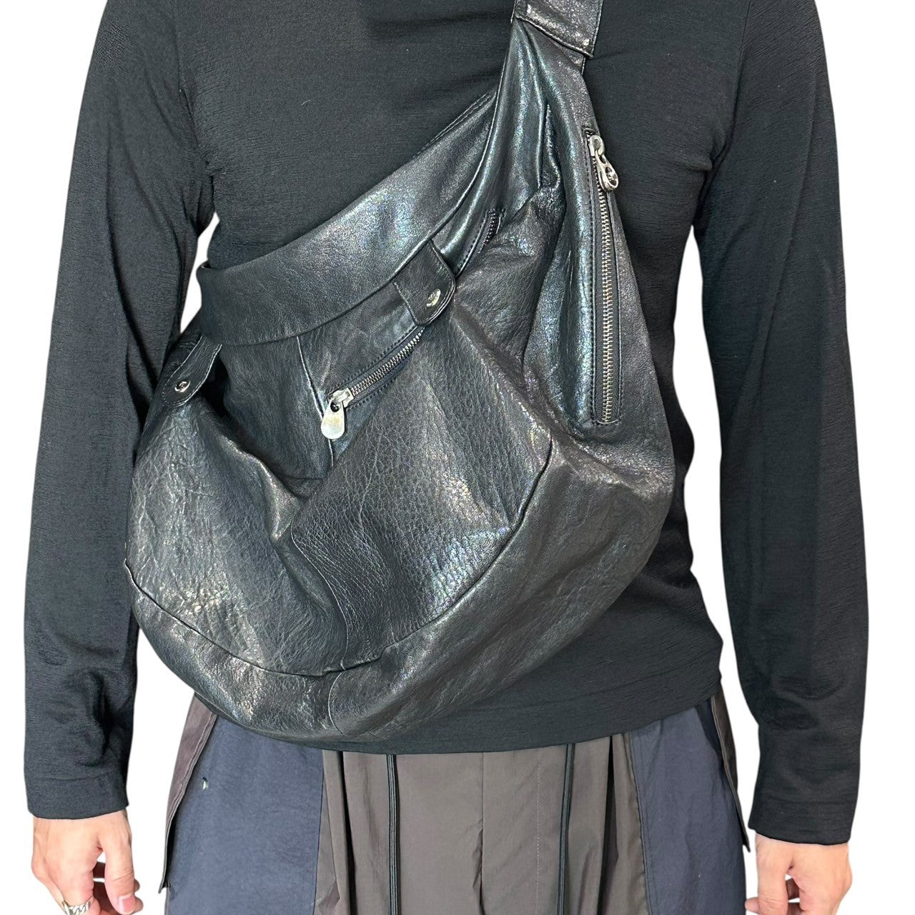 Y's×MANDARINA(ワイズ×マンダリナ) Lamb leather gimmick shoulder bag ラムレザー ギミック ショルダー バッグ ブラック コラボ 斜め掛け