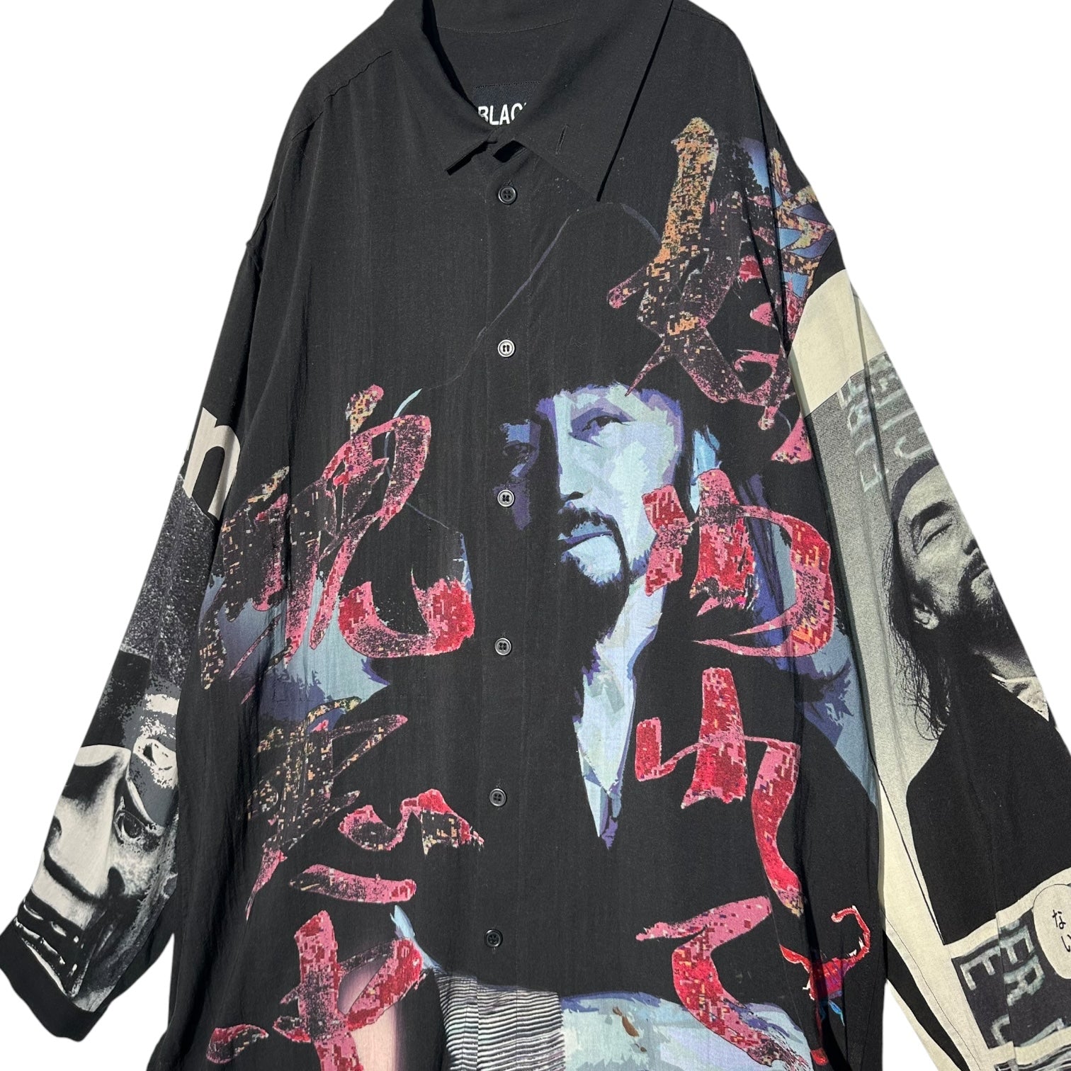 BLACK Scandal Yohji Yamamoto(ブラックスキャンダルヨウジヤマモト) 18AW "嫌われて醜悪中年" Asymmetric collar print blous アシンメトリー 襟 プリント ロング シャツ HV-B55-824 2 ブラック OU-テンセル I-アシメ衿プリント-B・ミックス