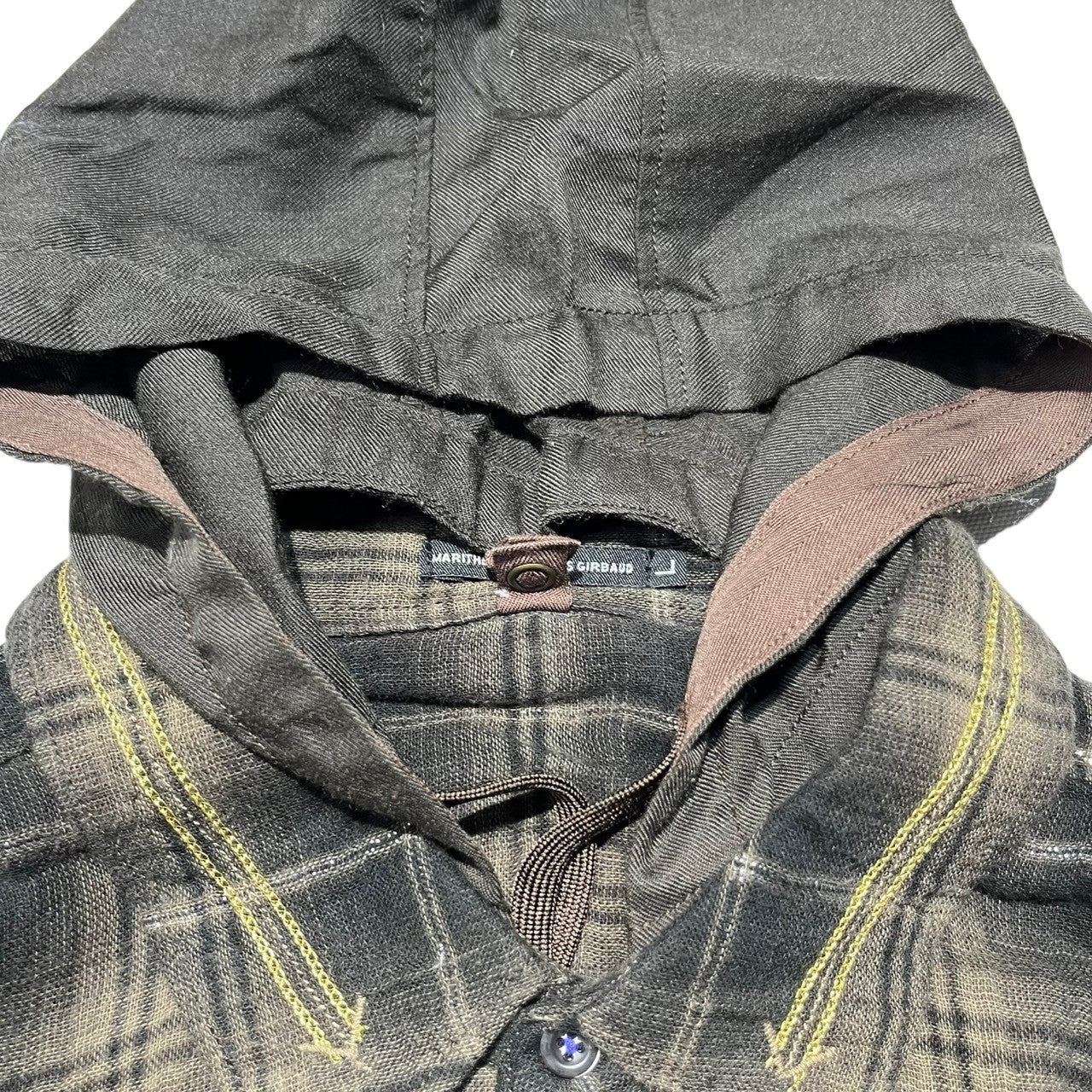 MARITHE FRANCOIS GIRBAUD(マリテフランソワジルボー) 00’sフーデットチェックネルシャツ/フード着脱可/ドッキング/リメイク加工 M7-5207 L ブラック×ブラウン Y2K