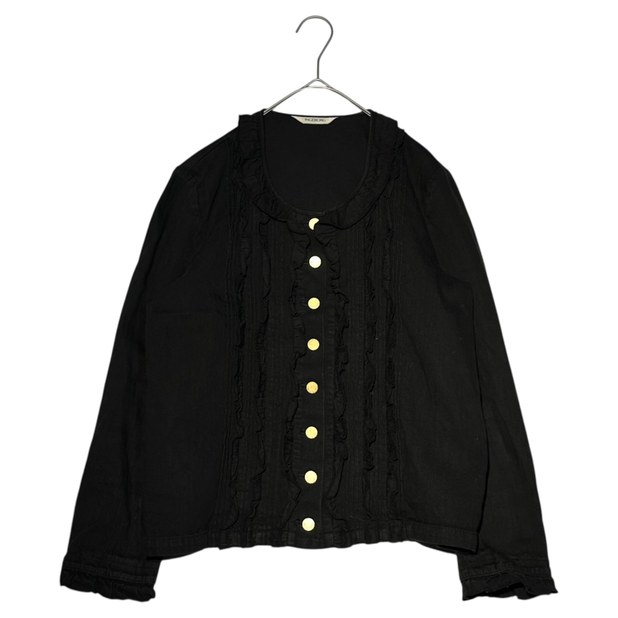 INGEBORG(インゲボルグ) 90's~00's No-Collar Ruffled Denim Jacket Set with Skirt ノーカラー フリル デニム ジャケット セットアップ スカート 表記無(M程度) ブラック ピンクハウス
