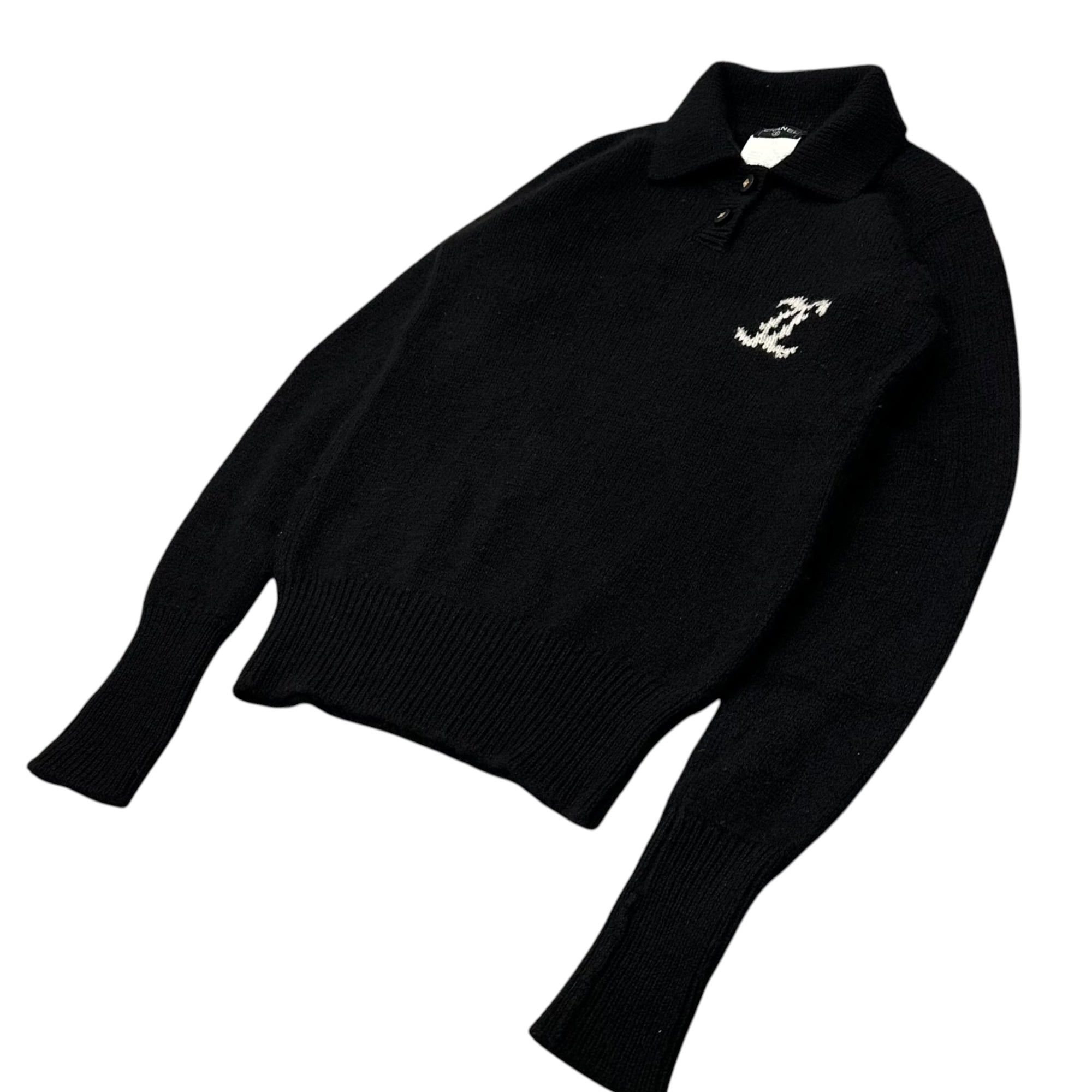 CHANEL(シャネル) 1996AW Coco Button Cashmere Collared Sweater ココボタン カシミア 襟付き ニット P08765V00321 36 ブラック×ホワイト B0841 90s ヴィンテージ