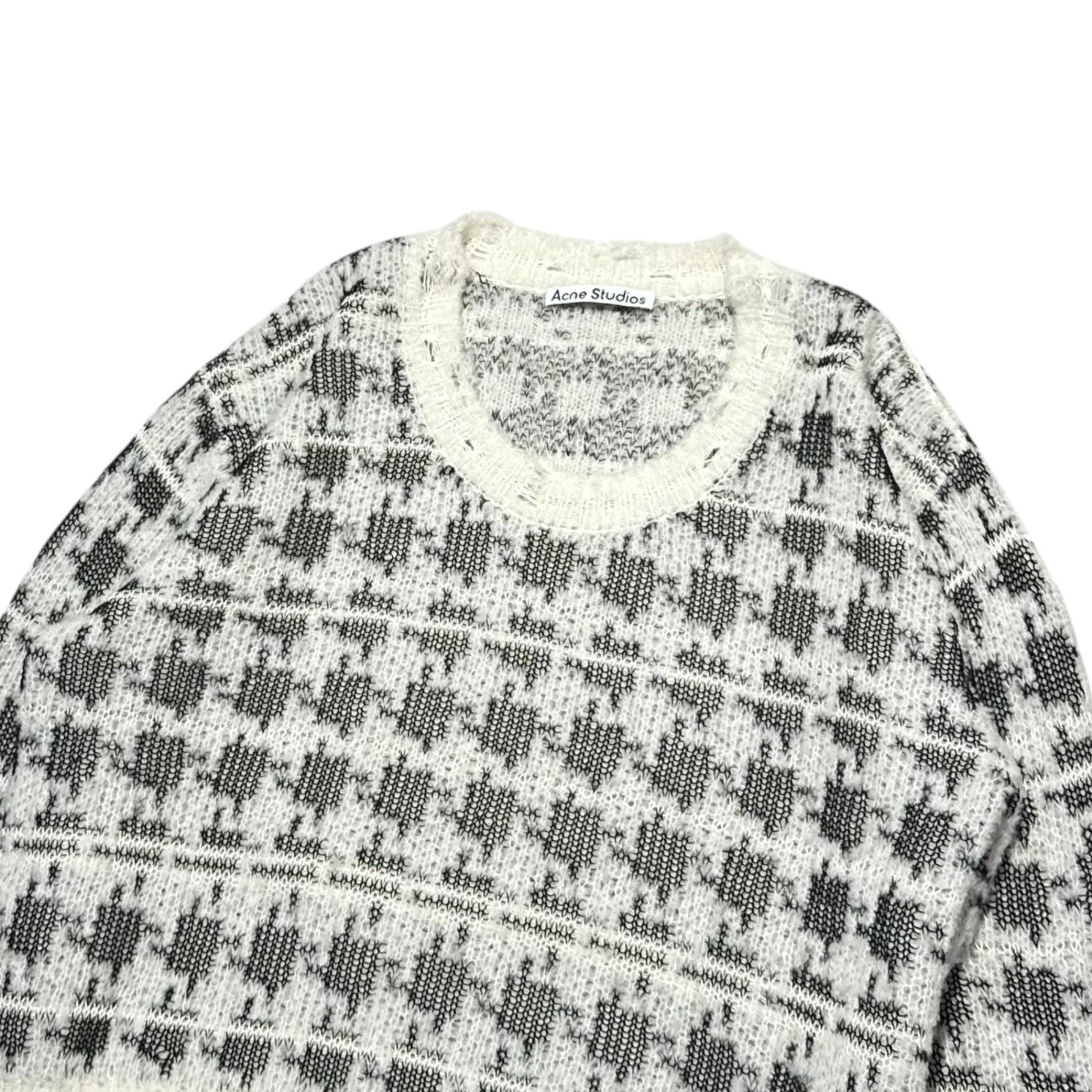 Acne Studios(アクネストゥディオズ) Destroyed Chidori Pattern Wool Knit デストロイ 千鳥柄 ショート丈 ウール ニット FN-WN-KNIT000623 S ホワイト×ブラック ダメージ加工