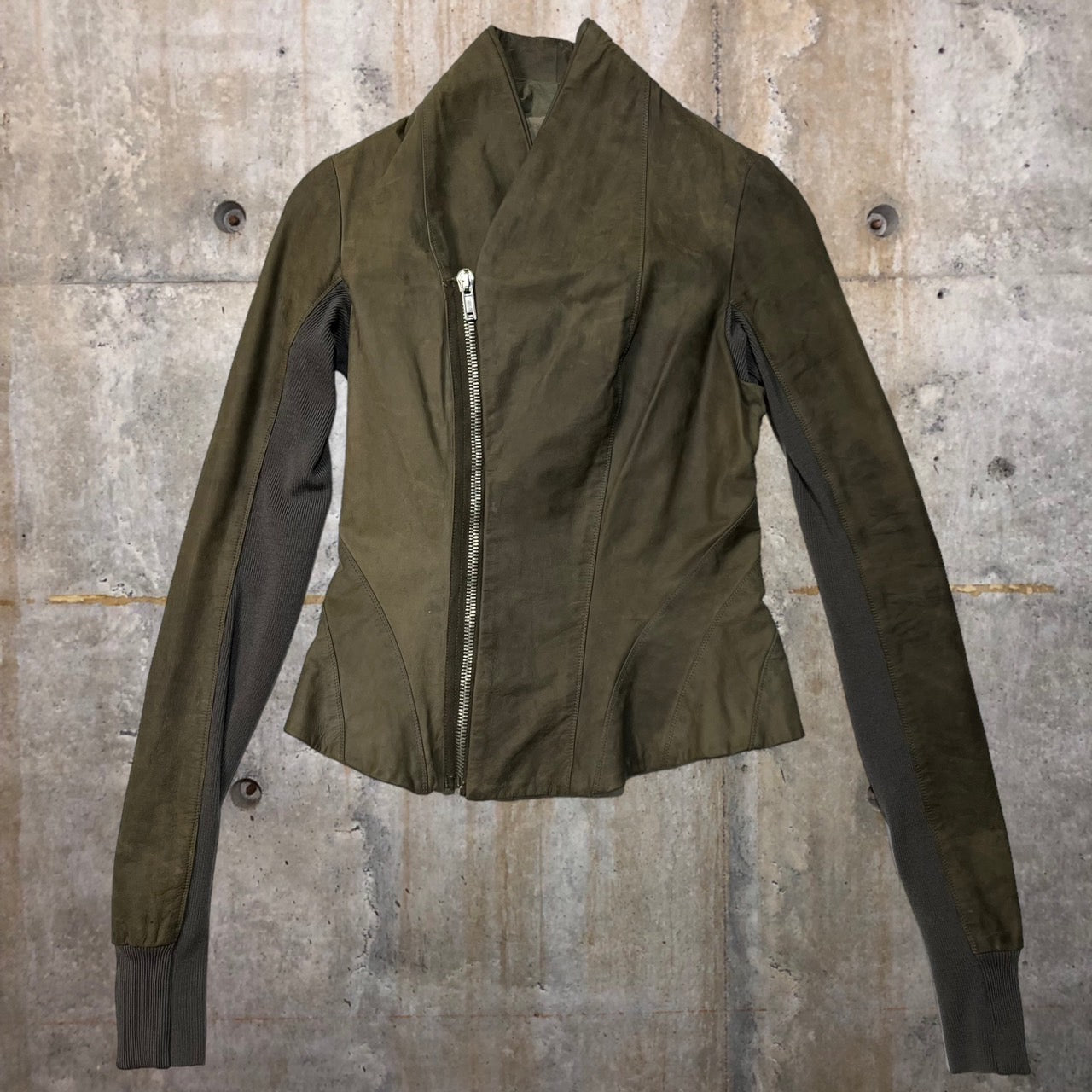 Rick Owens(リックオウエンス) rib knit leather jacket/リブニット切替スタンドカラーレザージャケット/ライダースジャケット RP9712/LT 40(Lサイズ程度) ブラウン