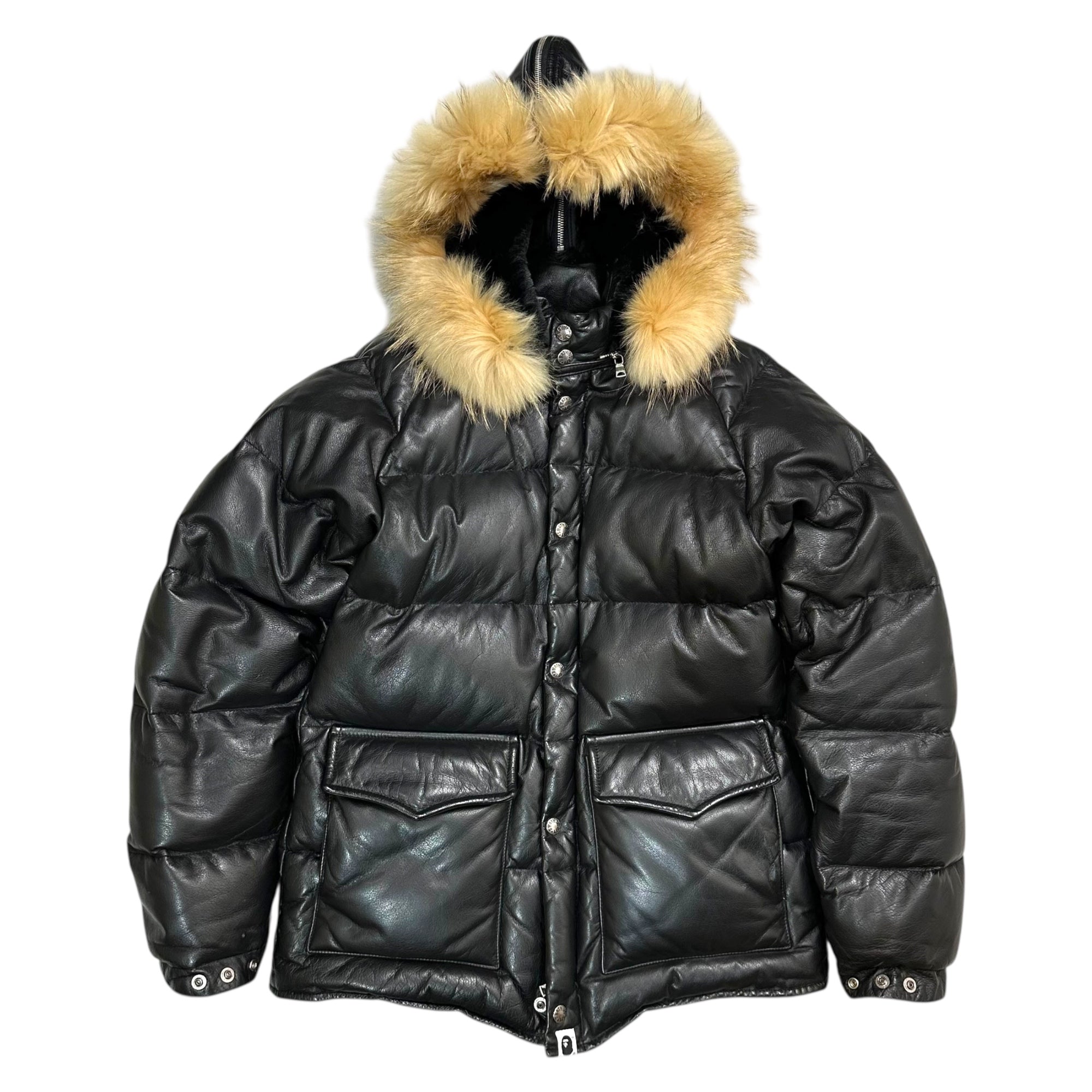 A BATHING APE(アベイシングエイプ) 00's Racoon Fur Embellished Cow Leather Down Jacket ラクーン ファー 装飾 カウレザー ダウン ジャケット S ブラック×ベージュ