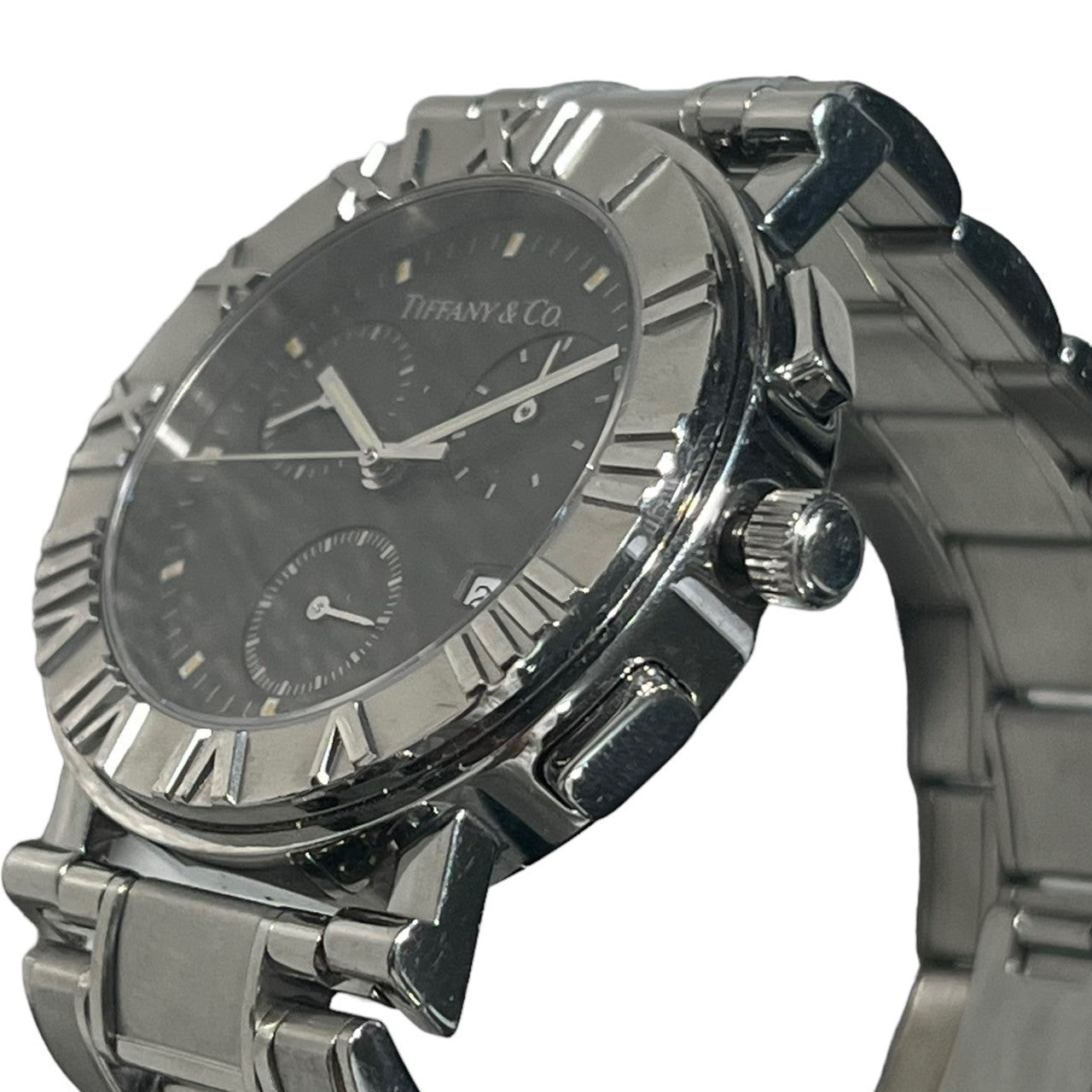 TIFFANY & CO.(ティファニー) ATLAS chronograph watch アトラス クロノグラフ 腕時計 シルバー ブラック ウォッチ 黒文字盤 ラウンド