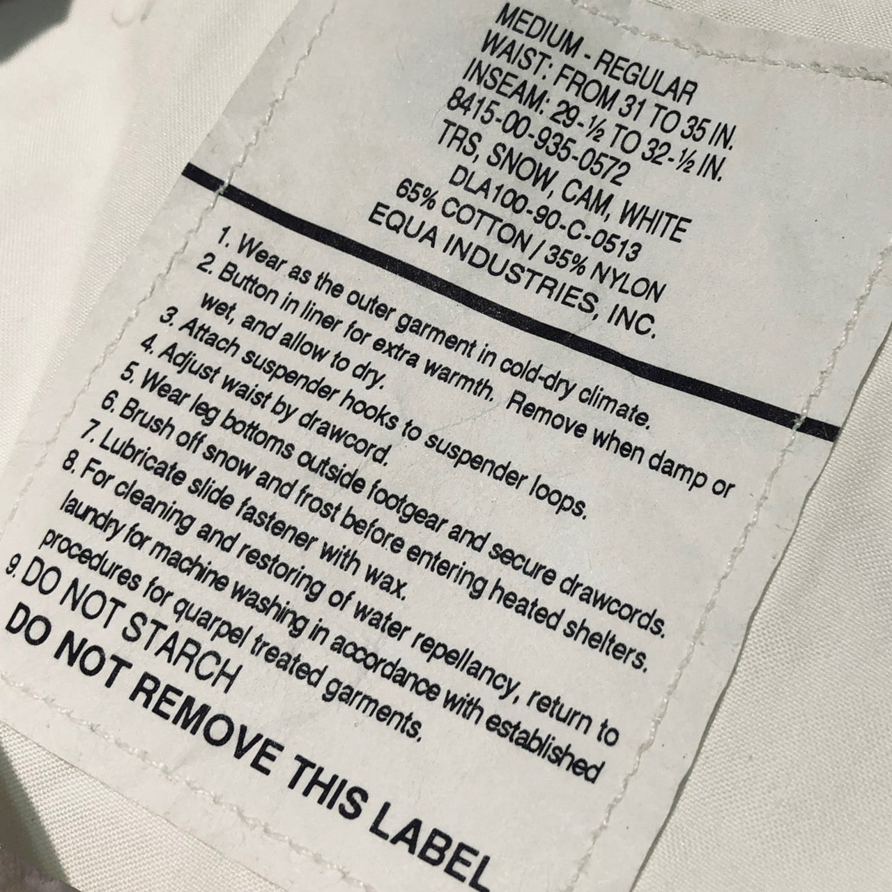 EQUA INDUSTRIES(エクアインダストリーズ) 90'sスノーカモパンツ DLA100-90-C-0513 31 ホワイト 1990年製造