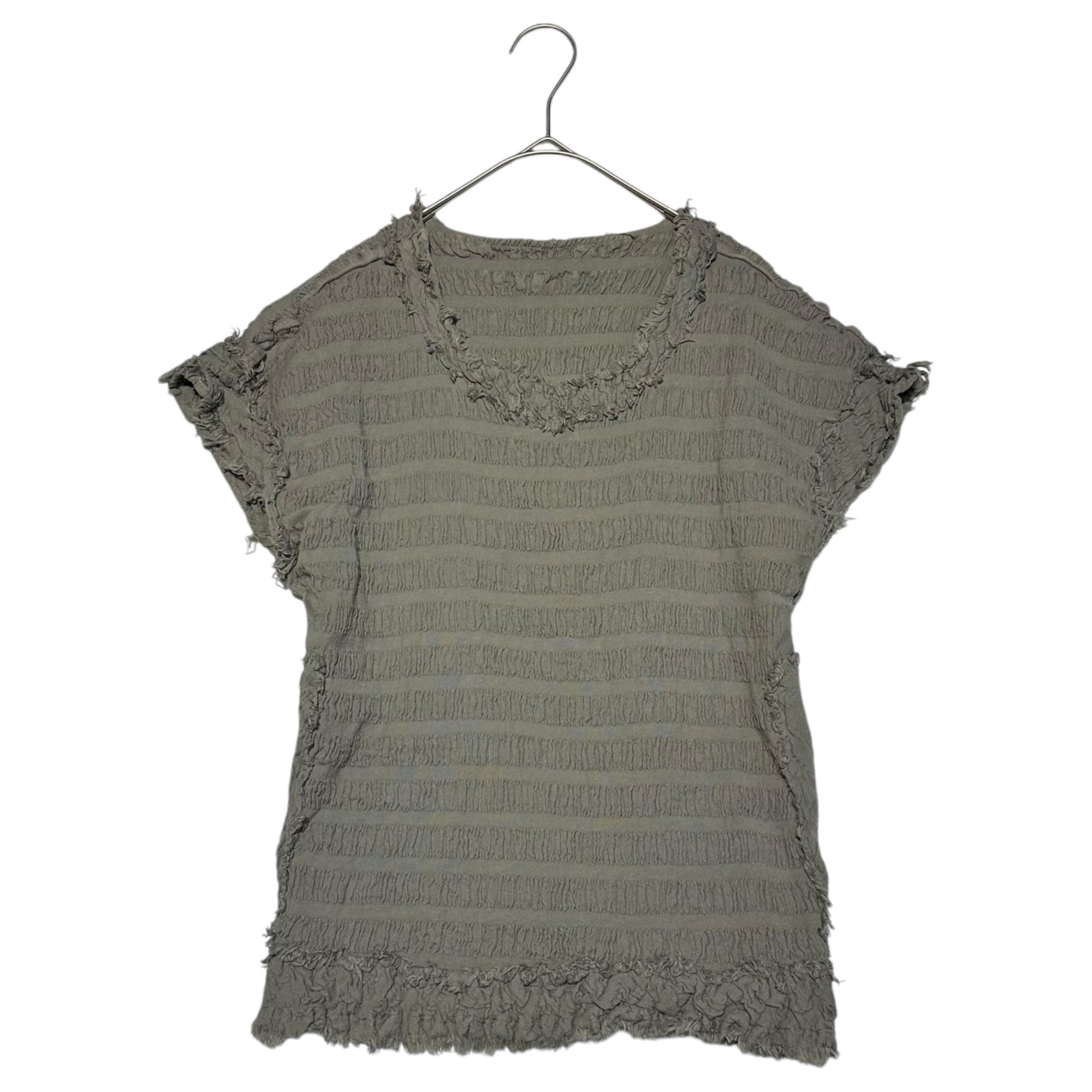 me ISSEY MIYAKE(ミーイッセイミヤケ) pleated border fringe short sleeve cut and sew プリーツ ボーダー フリンジ 半袖 カットソー MI62FK352 FREE グレー
