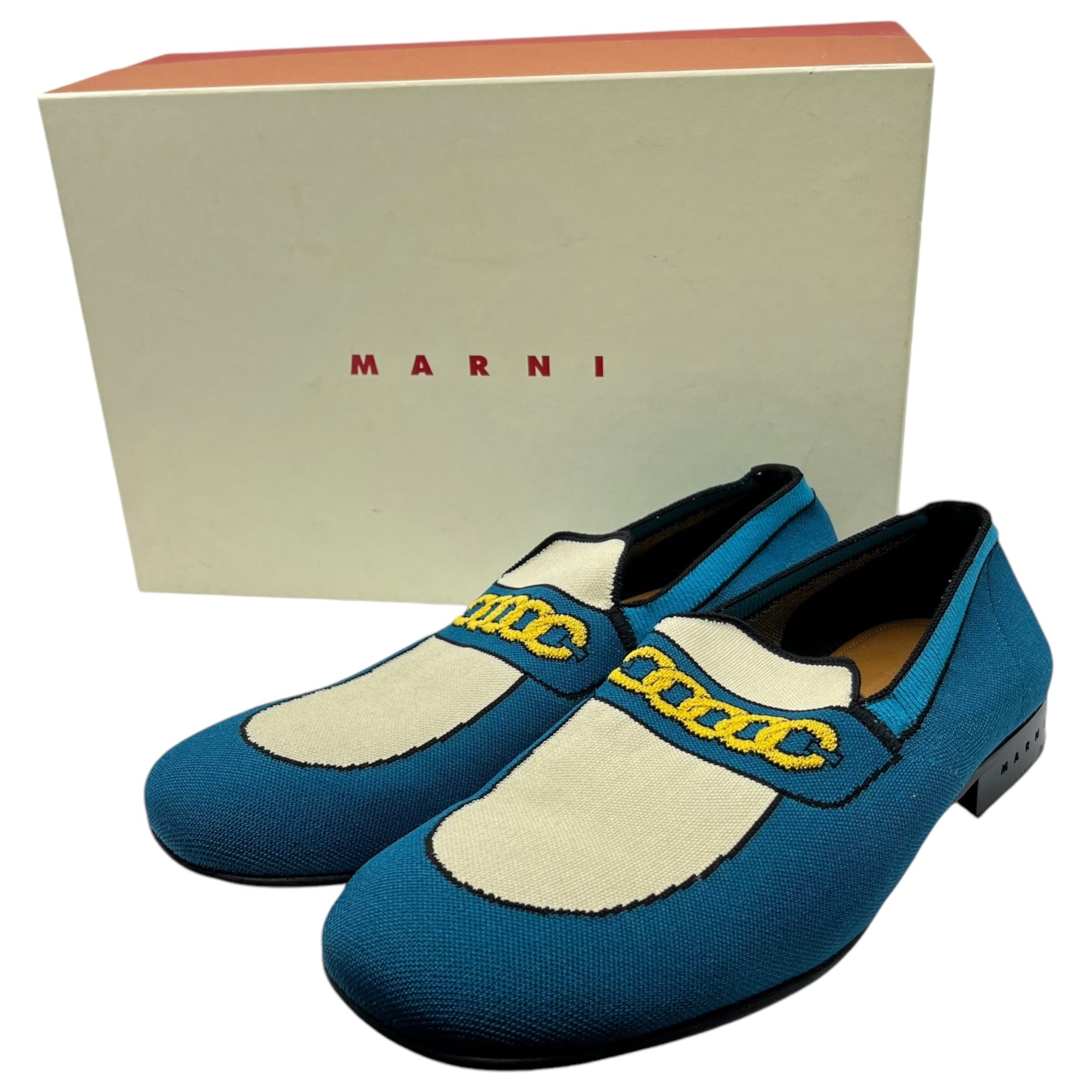 MARNI(マルニ) Trompe l'oeil jacquard knit loafers トロンプルイユ ジャガード ニット ローファー 43(28cm程度) ブルー×ホワイト 箱付