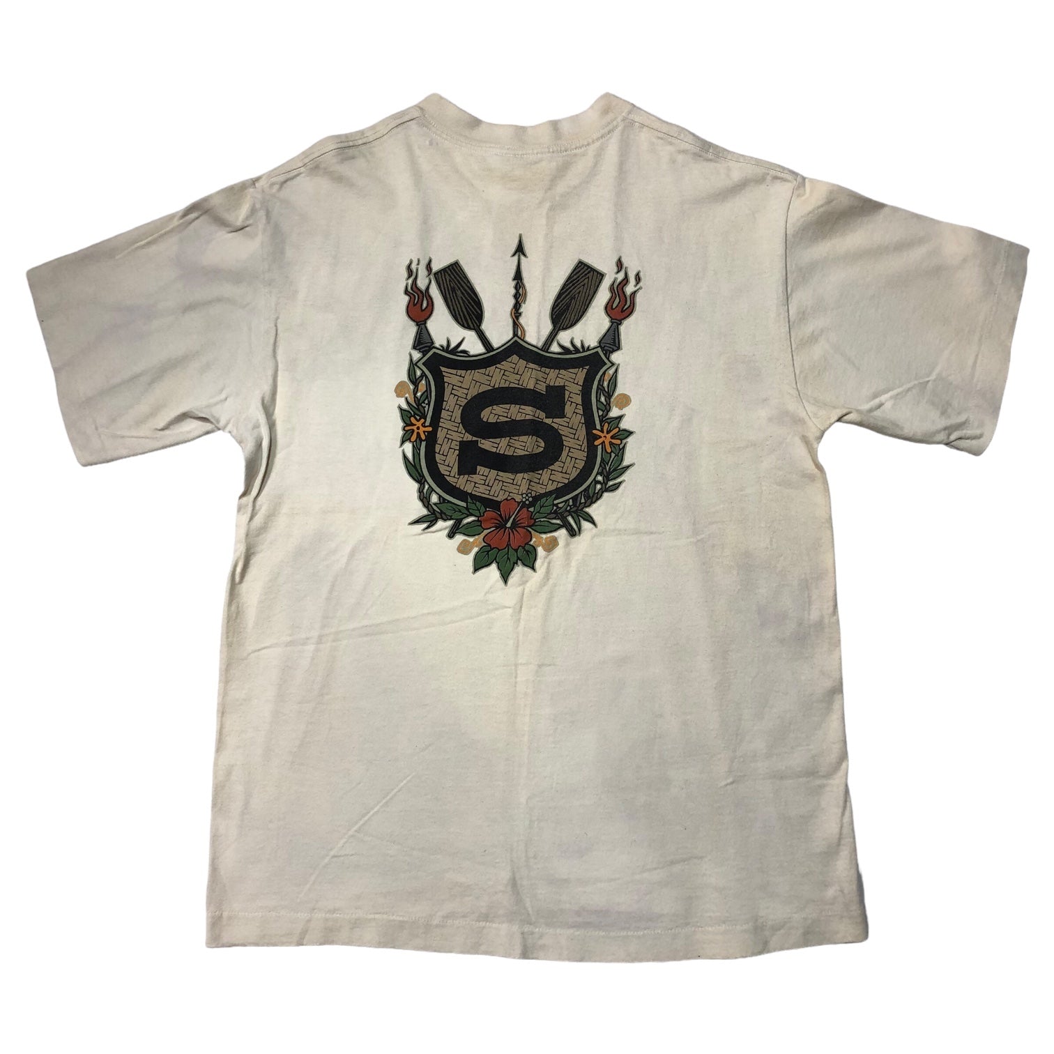 STUSSY(ステューシー) 90's VINTAGE hibiscus ハイビスカス Tシャツ 白タグ SIZE L アイボリー USA製 90年代 OLD STUSSY