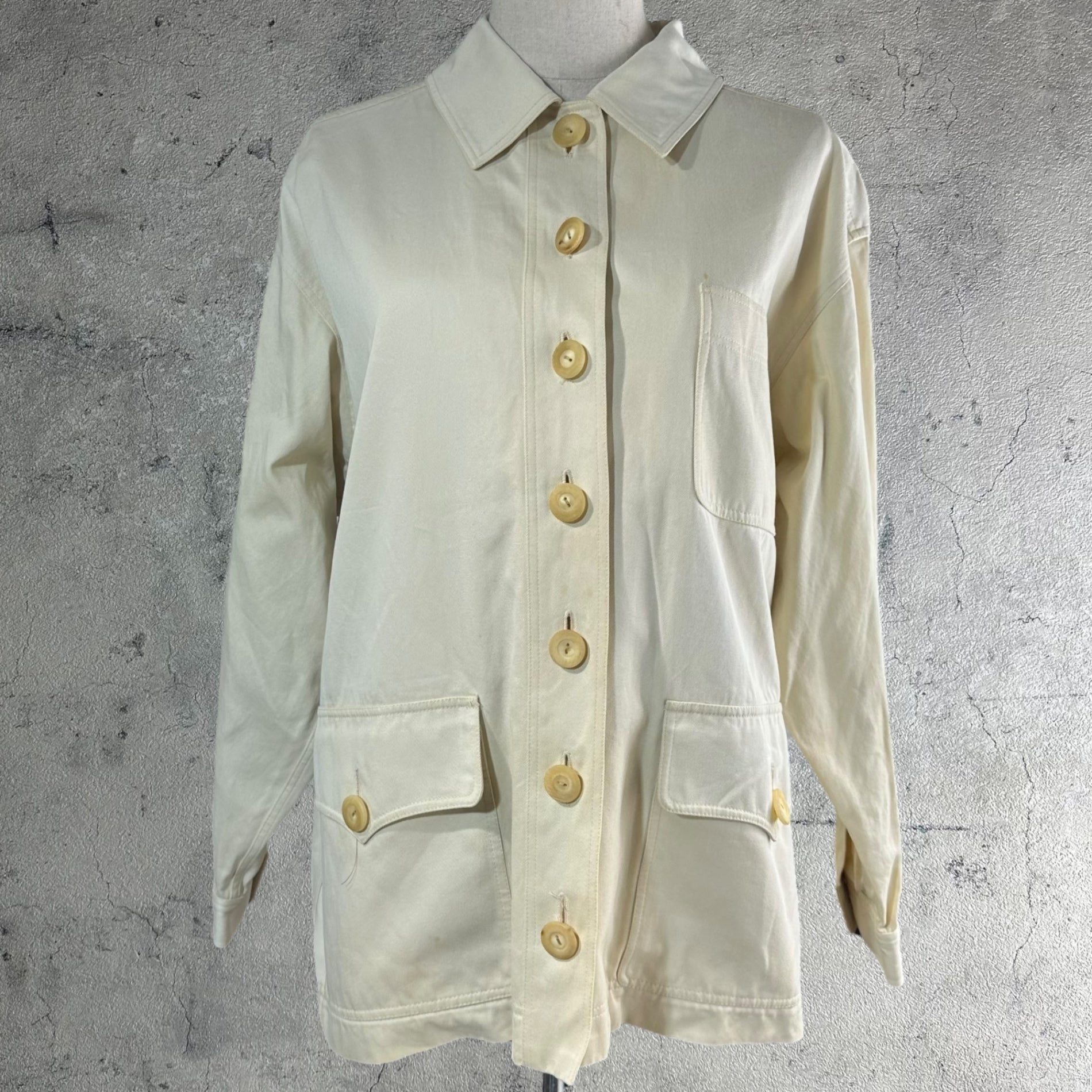 YVES SAINT LAURENT rive gauche(イヴサンローランリヴゴーシュ) 80~90's 7-button flap pocket work jacket 7ボタン フラップ ポケット ワークジャケット 38(M) ホワイト EURO VINTAGE