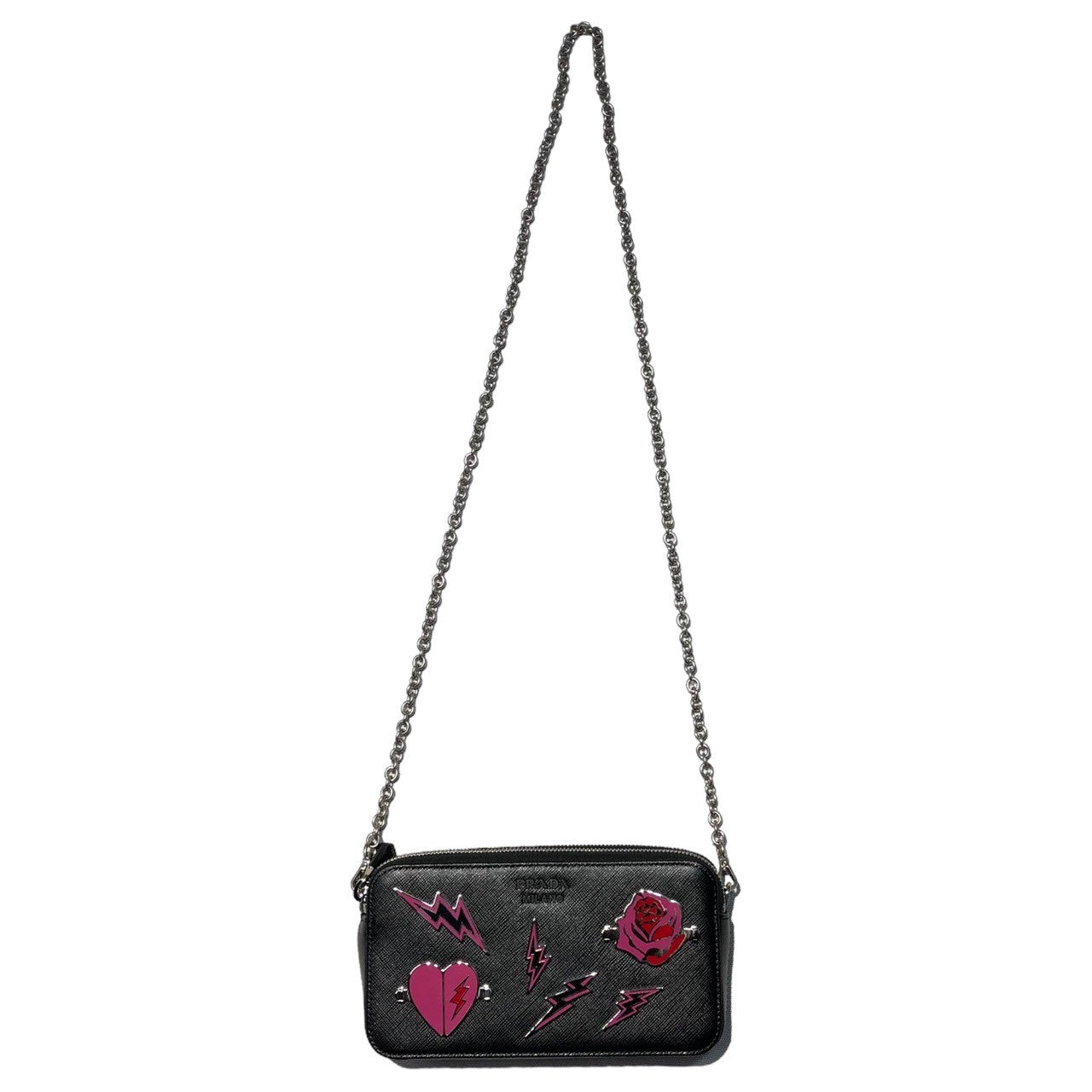 PRADA(プラダ) Metal appliqué saffiano chain shoulder bag メタルアップリケ サフィアーノ チェーン ショルダーバッグ 1DH010 ブラック×ピンク ギャランティカード付属 2DAZ SAFFIANO SMALTO レザー ロゴ