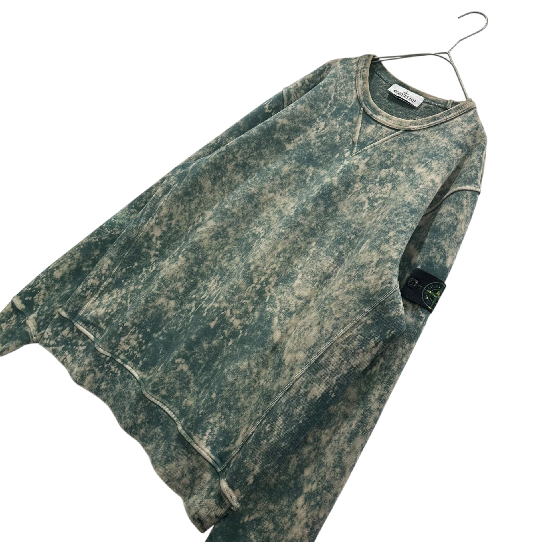 STONE ISLAND(ストーンアイランド) 2022SS Off-Dye Treatment Crewneck Sweatshirt コットンフリース オフダイ OVD トリートメント クルーネック スウェット 761561538 M グリーン×ベージュ タイダイ