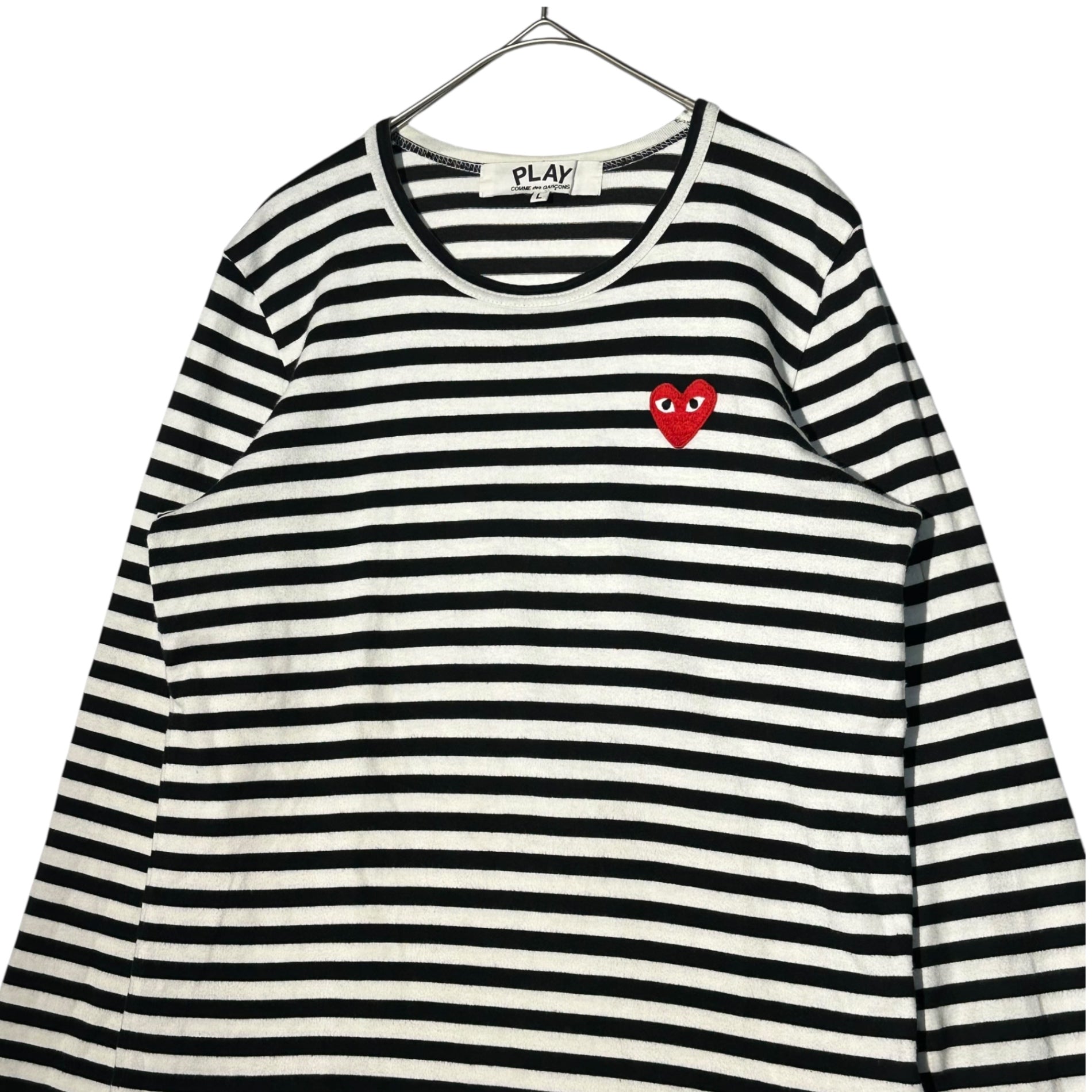 PLAY COMME des GARCONS(プレイコムデギャルソン) Border Heart Patch L/S T-Shirt ボーダー ハート ロゴ ワッペン 長袖 Tシャツ AZ-T163 L ホワイト×ブラック AD2011
