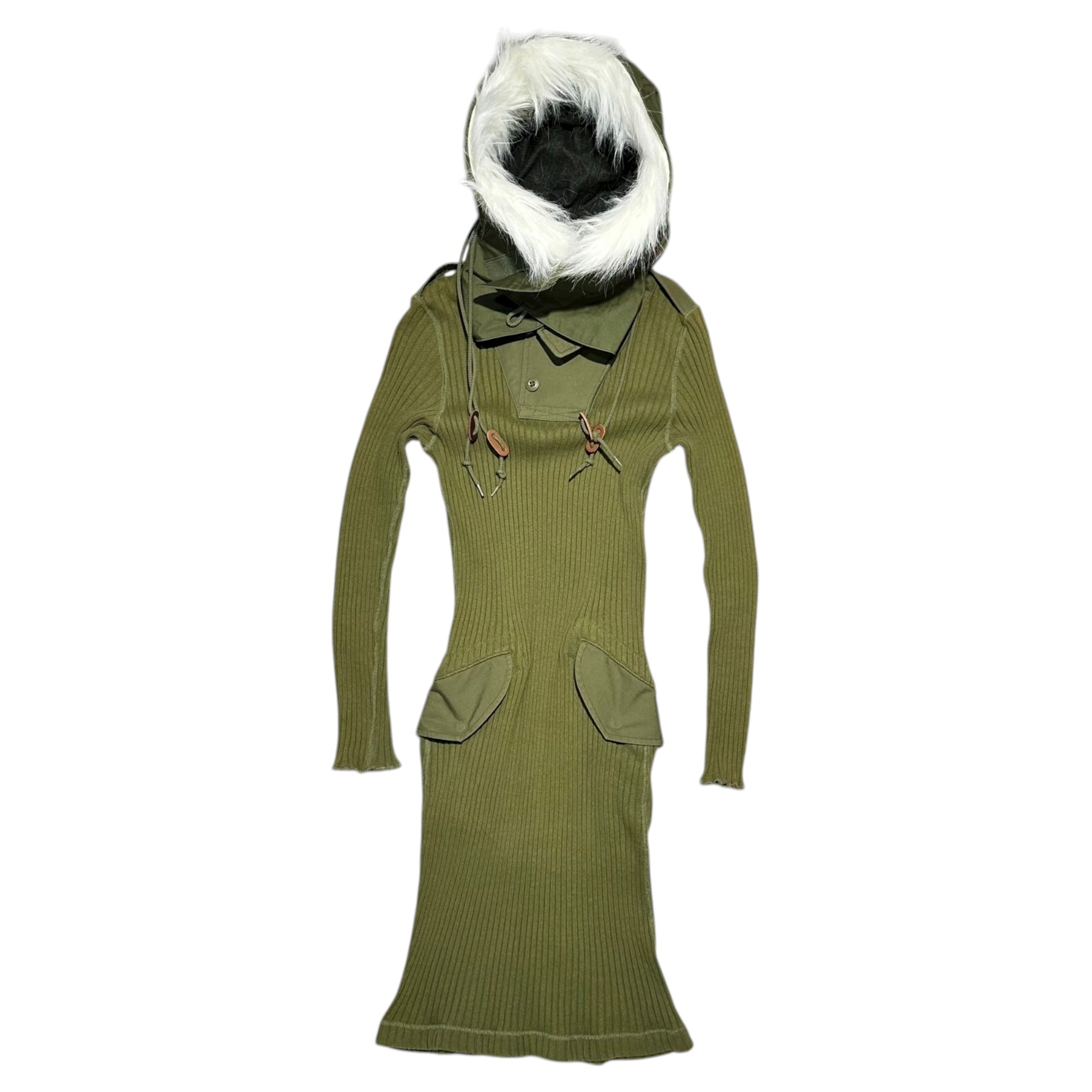 COMME des GARCONS JUNYA WATANABE(コムデギャルソンジュンヤワタナベ) 10AW Military Hooded Ribbed One-Piece ミリタリー フーデッド リブ ワンピース JF-O009 S セージグリーン AD2010 コレクションLOOK 着用品 稀少アイテム
