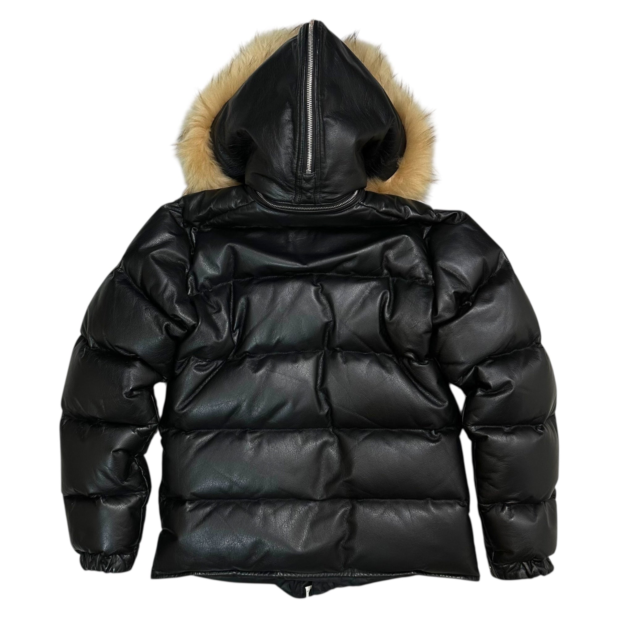 A BATHING APE(アベイシングエイプ) 00's Racoon Fur Embellished Cow Leather Down Jacket ラクーン ファー 装飾 カウレザー ダウン ジャケット S ブラック×ベージュ