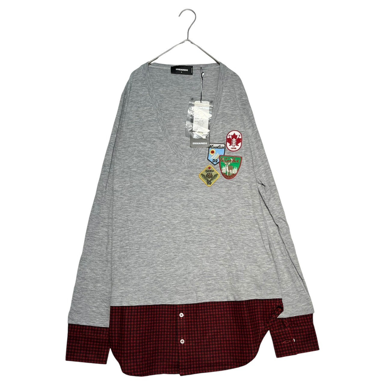 DSQUARED2(ディースクエアード) Different material switching long sleeve T-shirt 異素材切替 長袖 Tシャツ S75GC0877 L グレー×レッド