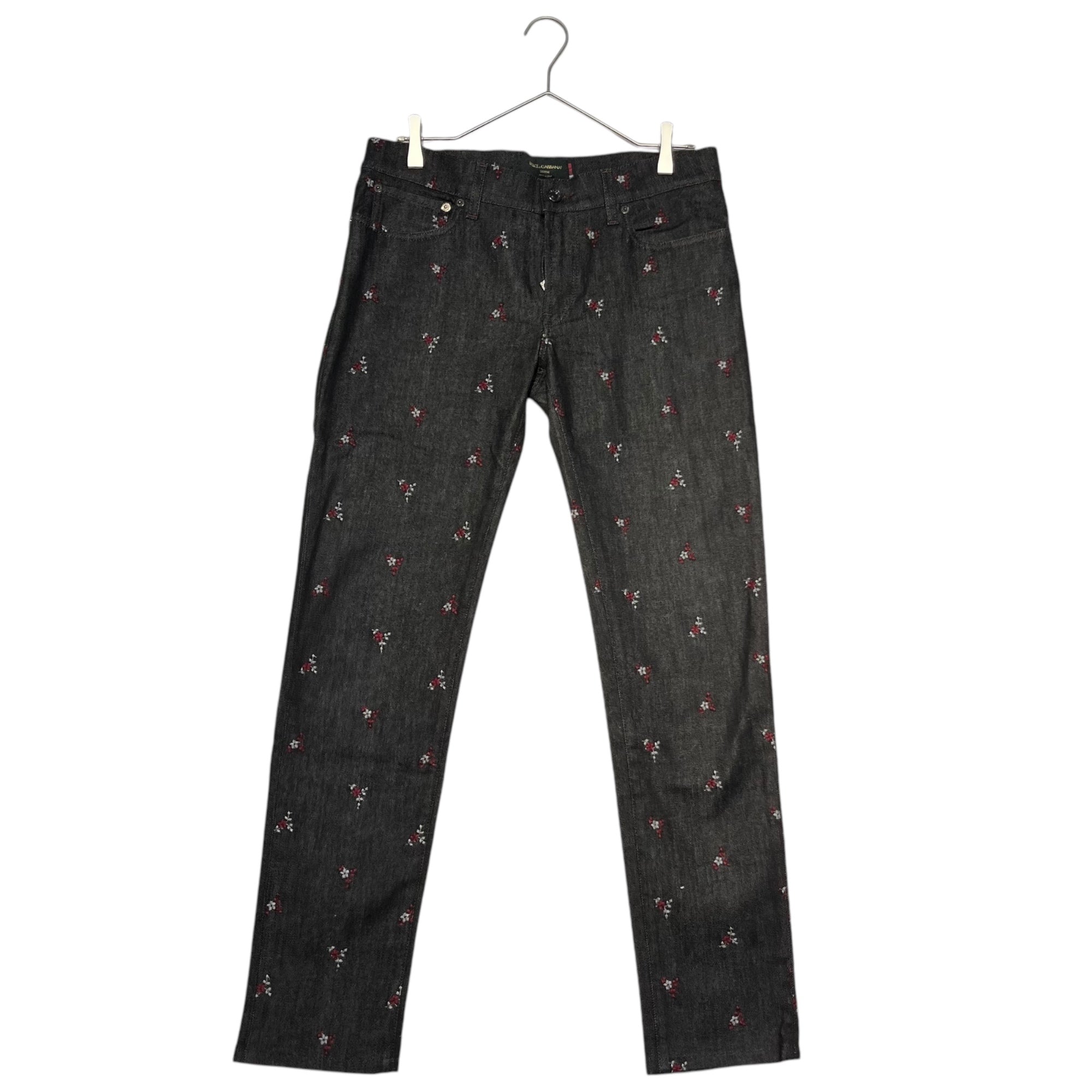 DOLCE&GABBANA(ドルチェ&ガッバーナドルガバ) flower stitch denim pants フラワーステッチ デニム パンツ  G4K7LZ G8P27 46 ブラック×レッド 刺繍