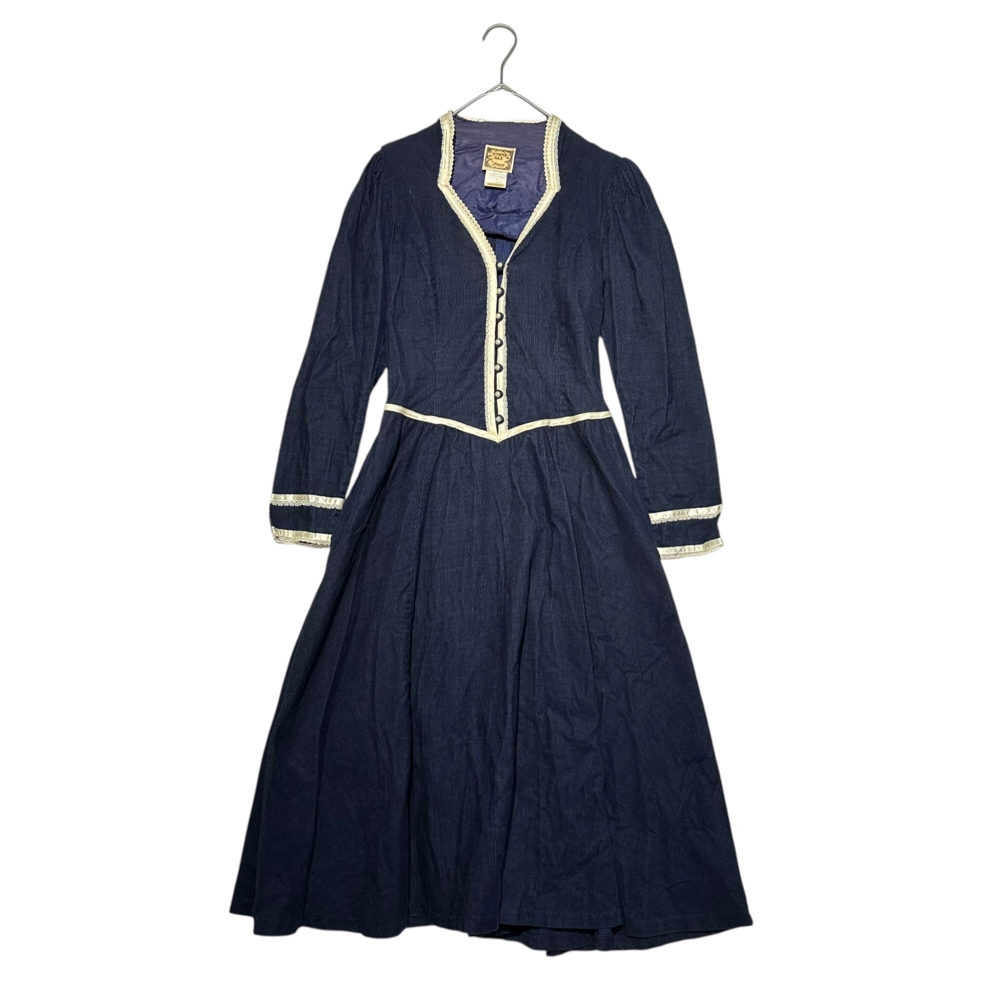 GANNE SAX(ガニーサックス) 70's Pearl Button Puff Sleeve Corduroy Long Dress パールボタン パフスリーブ コーデュロイ ロング ワンピース 5(7号 S程度) ネイビー 70年代 ヴィンテージ