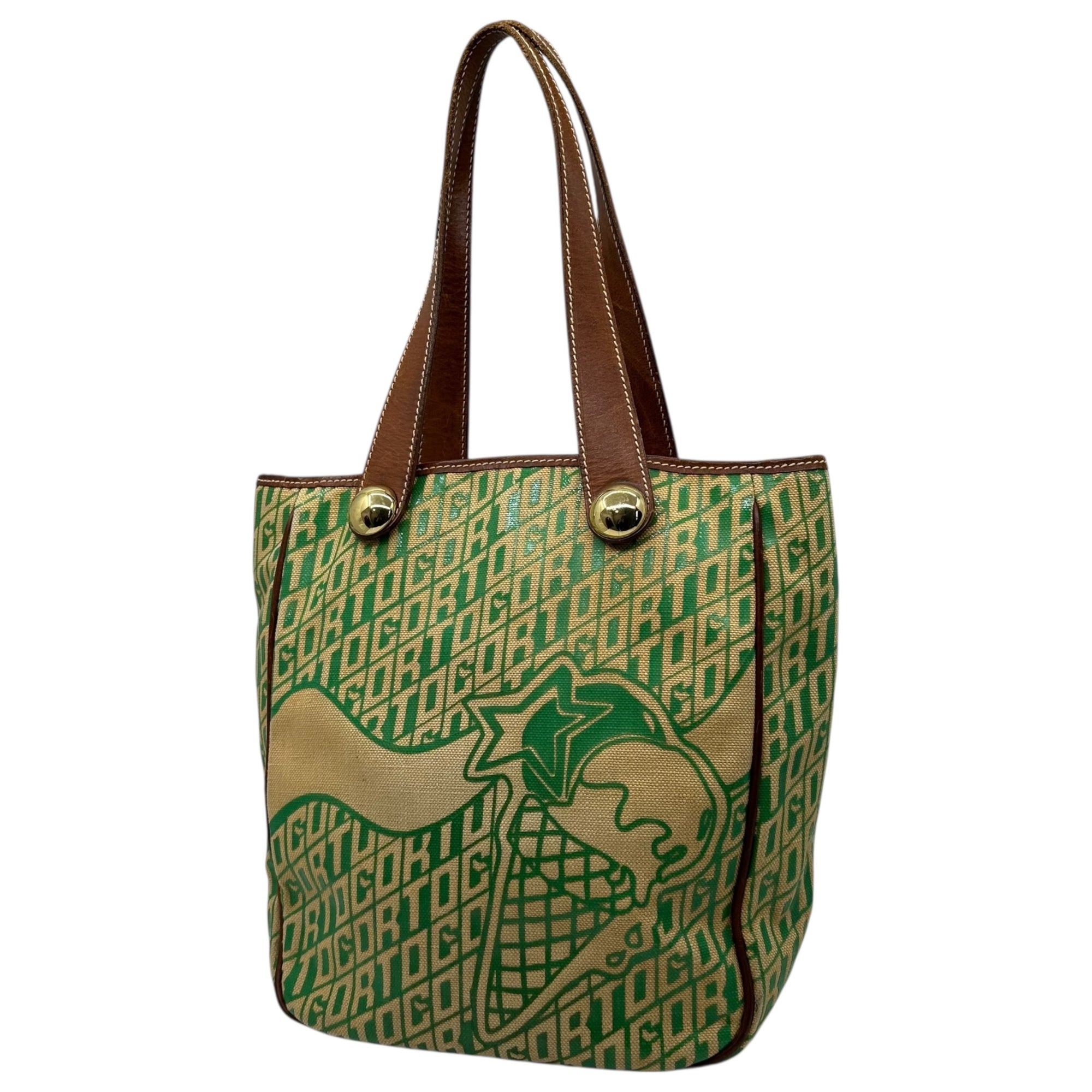 Corto Moltedo(コルトモルテド) Logo All-Over Print Canvas Leather Tote Bag ロゴ 総柄 キャンパス レザー トート バッグ グリーン×ベージュ