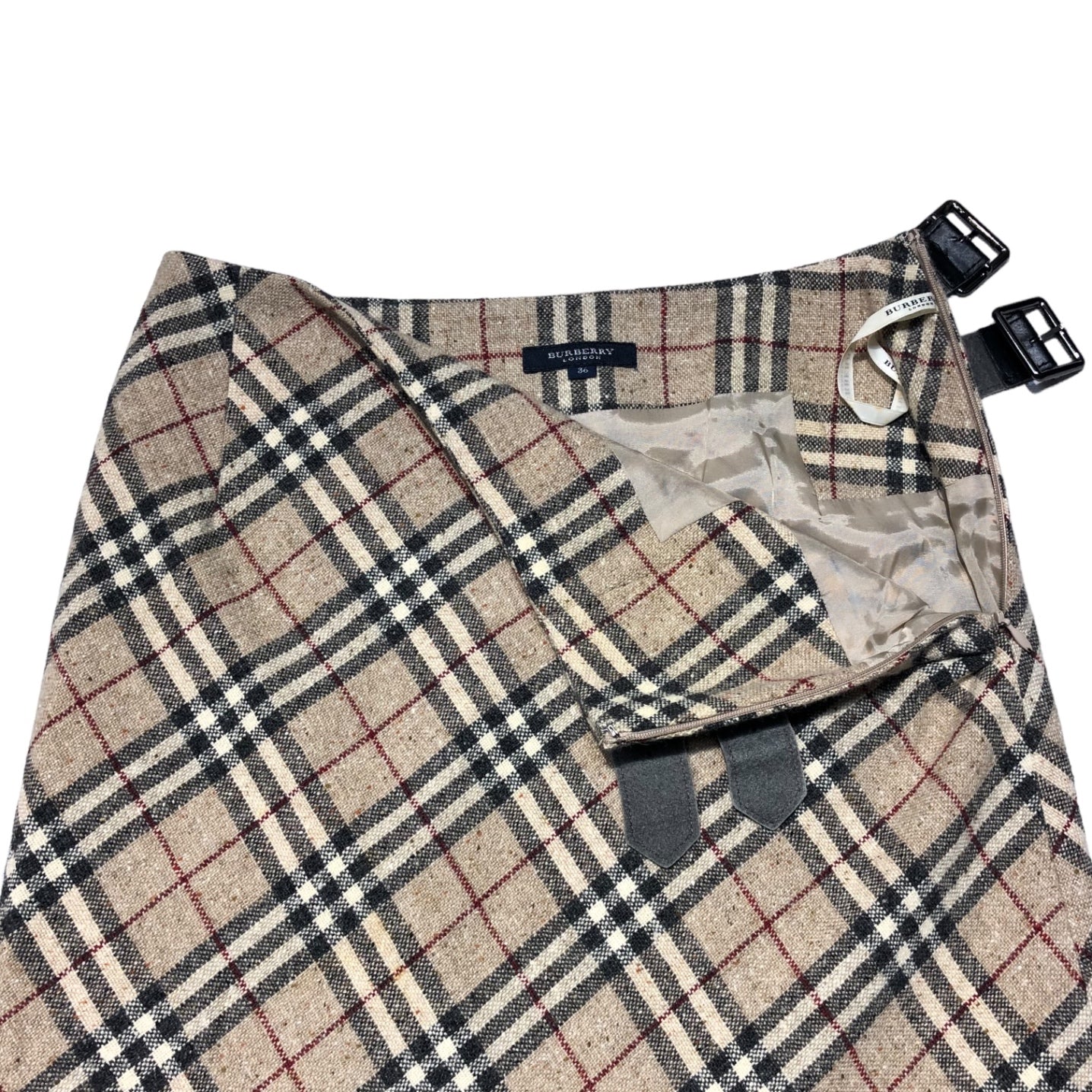 BURBERRY LONDON(バーバリーロンドン) Nova Check Angora Cashmere Blend Leather Belt Long Skirt ノヴァチェック アンゴラ カシミヤ ブレンド レザー ベルト ロング スカート FX058-074 36(S程度) ベージュ