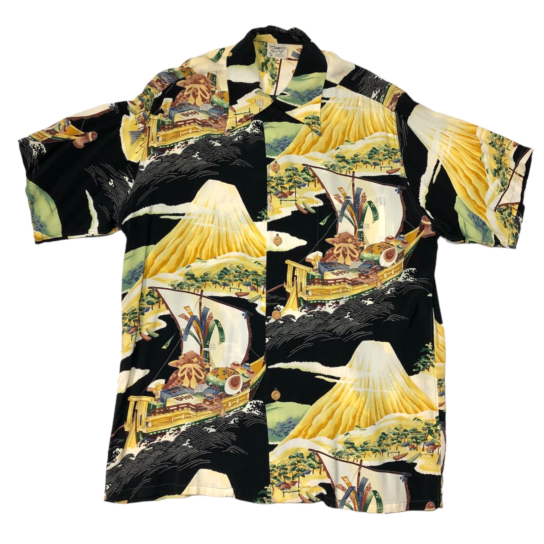 SUN SURF(サンサーフ東洋) ALOHA SACRED TREASURE SHIP 宝船 レーヨン アロハシャツ SS34175 M ブラック×イエロー 半袖