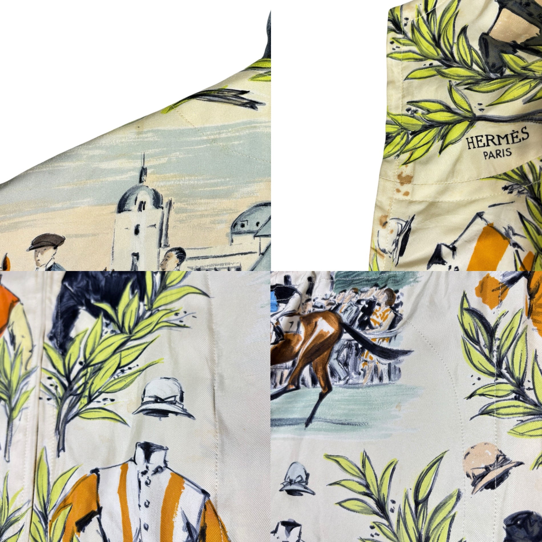 HERMES(エルメス) 90's ”maurice taquoy” Silk Scarf Hooded Jacket 競走馬 シルク スカーフ フーデッド ジャケット 40(L程度) アイボリー×オレンジ 90年代 ヴィンテージ エルメスジャポンタグ メンズ着用可能サイズ アーカイブ