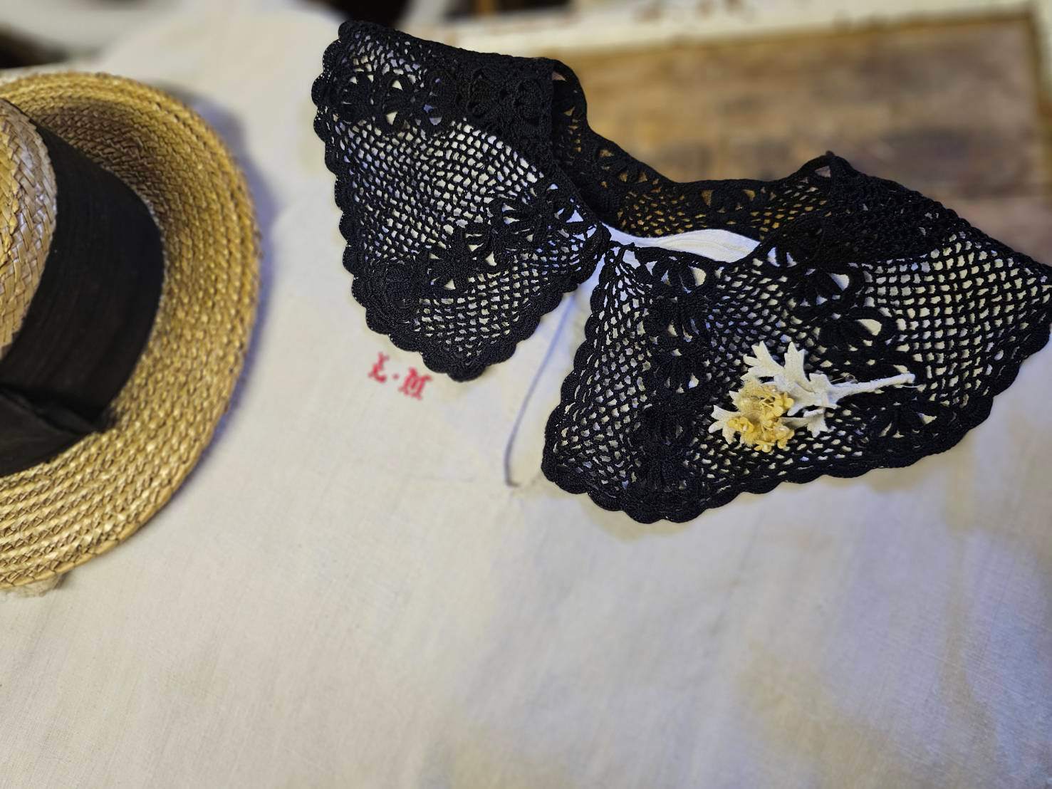 Euro vintage(ヨーロッパヴィンテージ) crochet lace collar クロッシェ編みレースのクラシカルなつけ襟 未使用に近い/後染め加工 ブラック