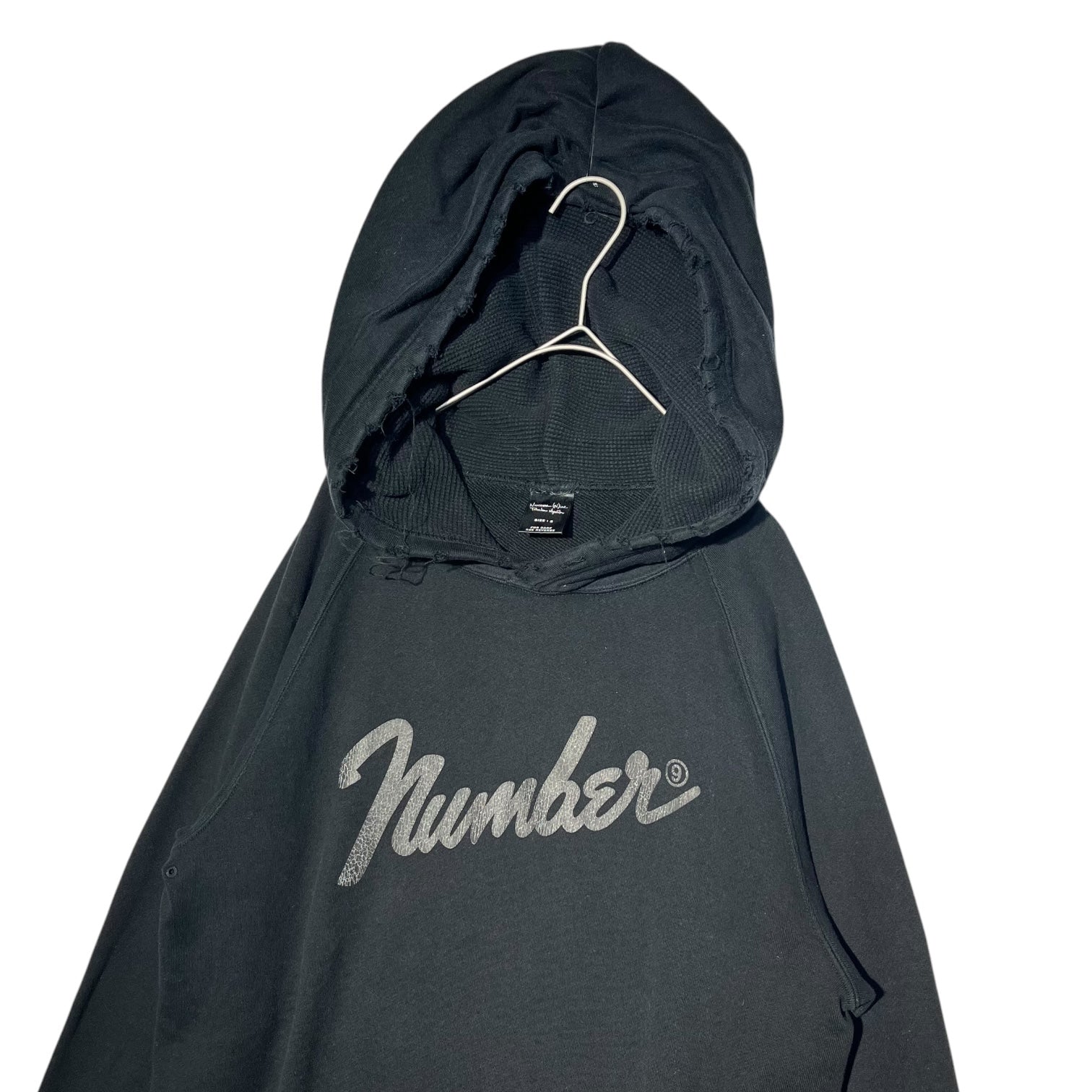 NUMBER (N)INE(ナンバーナイン) 05AW THE HIGH STREETS Fender Logo Raglan Damaged hooded sweatshirt 【ハイスト期】 フェンダー ロゴ ラグラン ダメージ パーカー スウェット 3(M) ブラック ザハイストリーツ 宮下氏 本人期