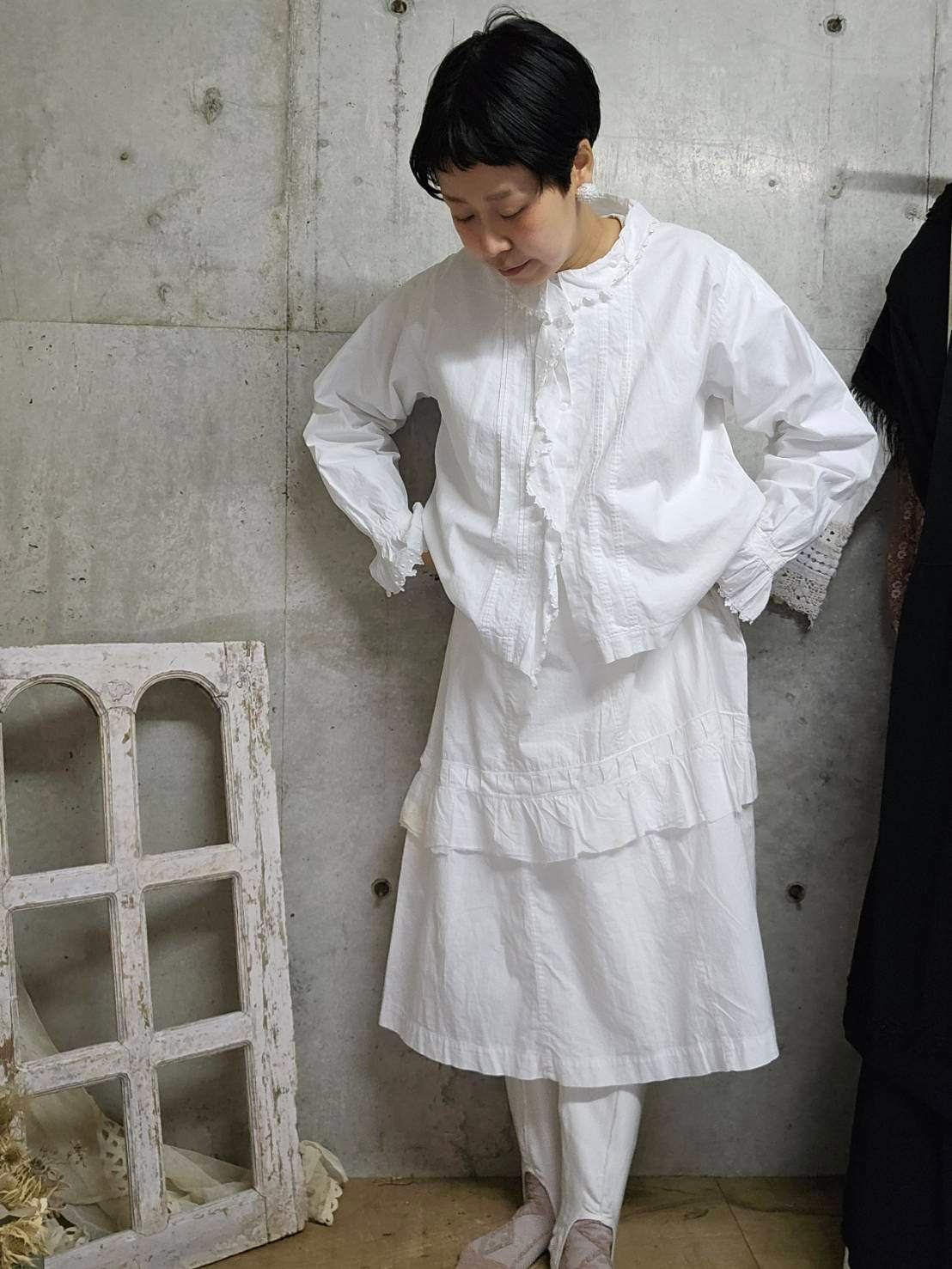 Euro Vintage(ヨーロッパヴィンテージ) Grain_20's ~french cotton clooney lace gathered blouse/フレンチコットン刺繍ギャザーブラウス 表記なし(Lサイズ程度) ホワイト