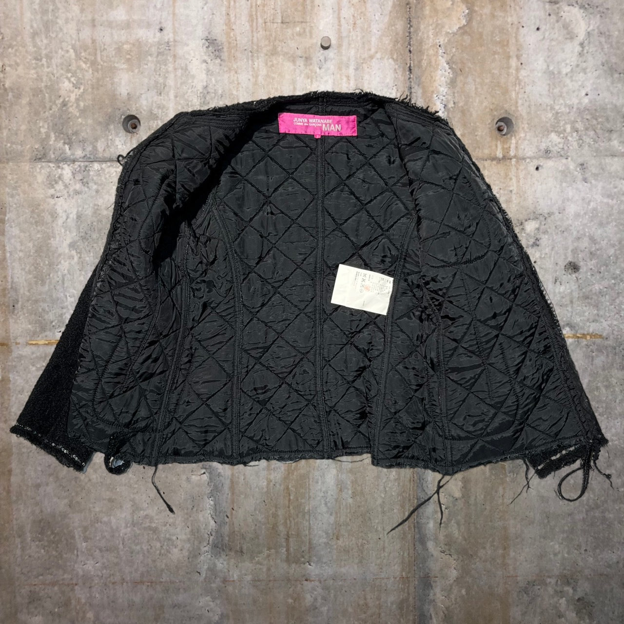 COMME des GARCONS JUNYA WATANABE MAN PINK(コムデギャルソンジュンヤワタナベマンピンク) 05AW sequin tweed jacket/スパンコールテープツイードジャケット/ノーカラーウールジャケット UP-J025 S ブラック AD2005