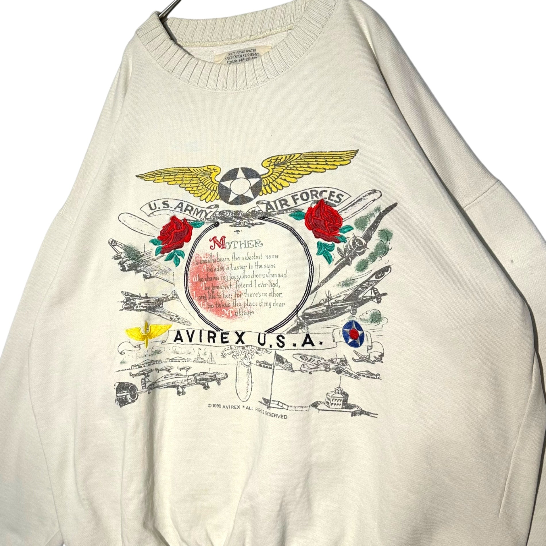 AVIREX(アヴィレックス) 1990 © ALL RIGHTS RESERVED embroidery print sweatshirts 刺繍 プリント スウェット B415-290-5884 L ホワイト 薔薇 飛行機 ロゴ 1990